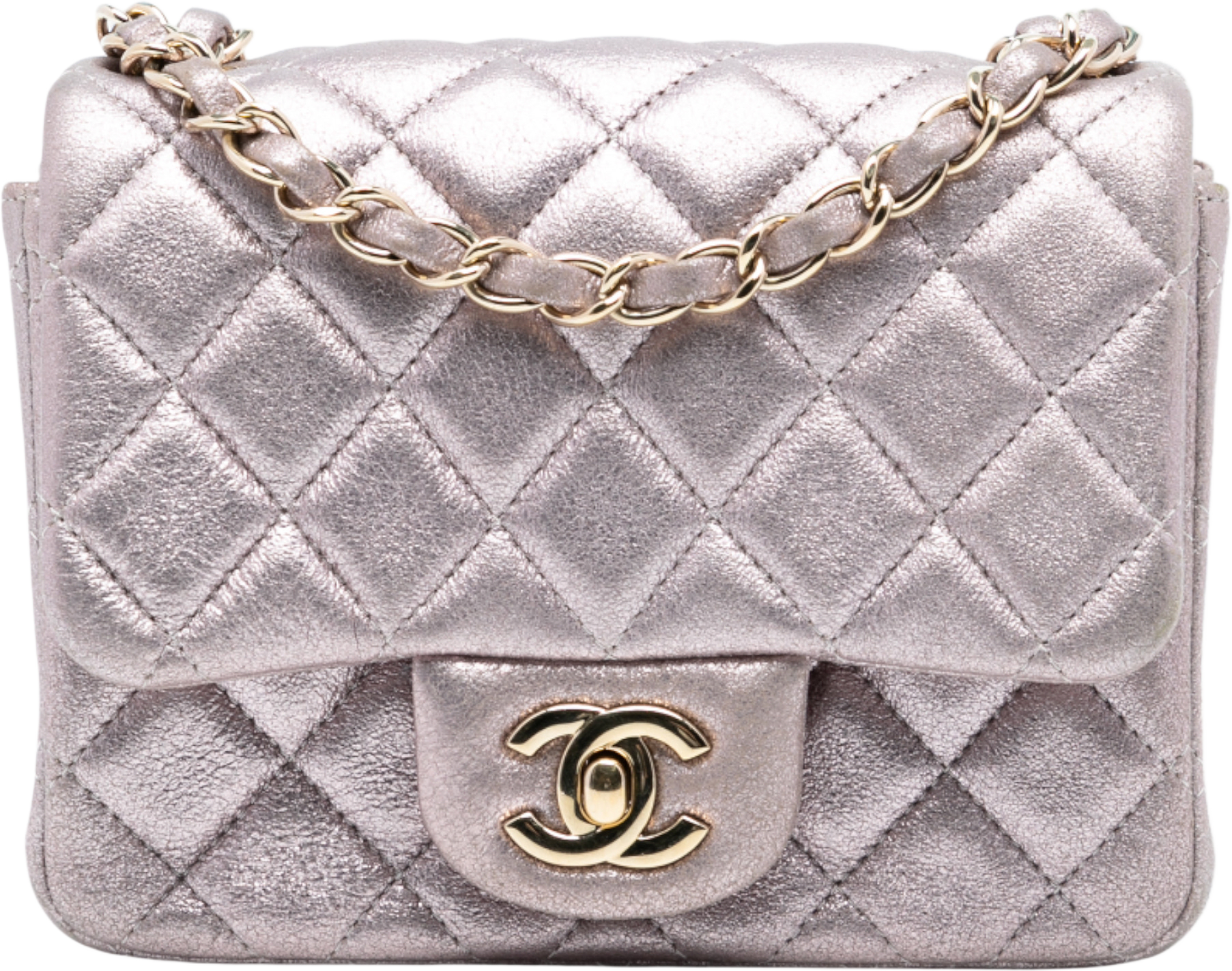 Chanel Mini Square Classic Iridescent Calfskin Single Flap, från Luxclusif, i färgen rose gold.