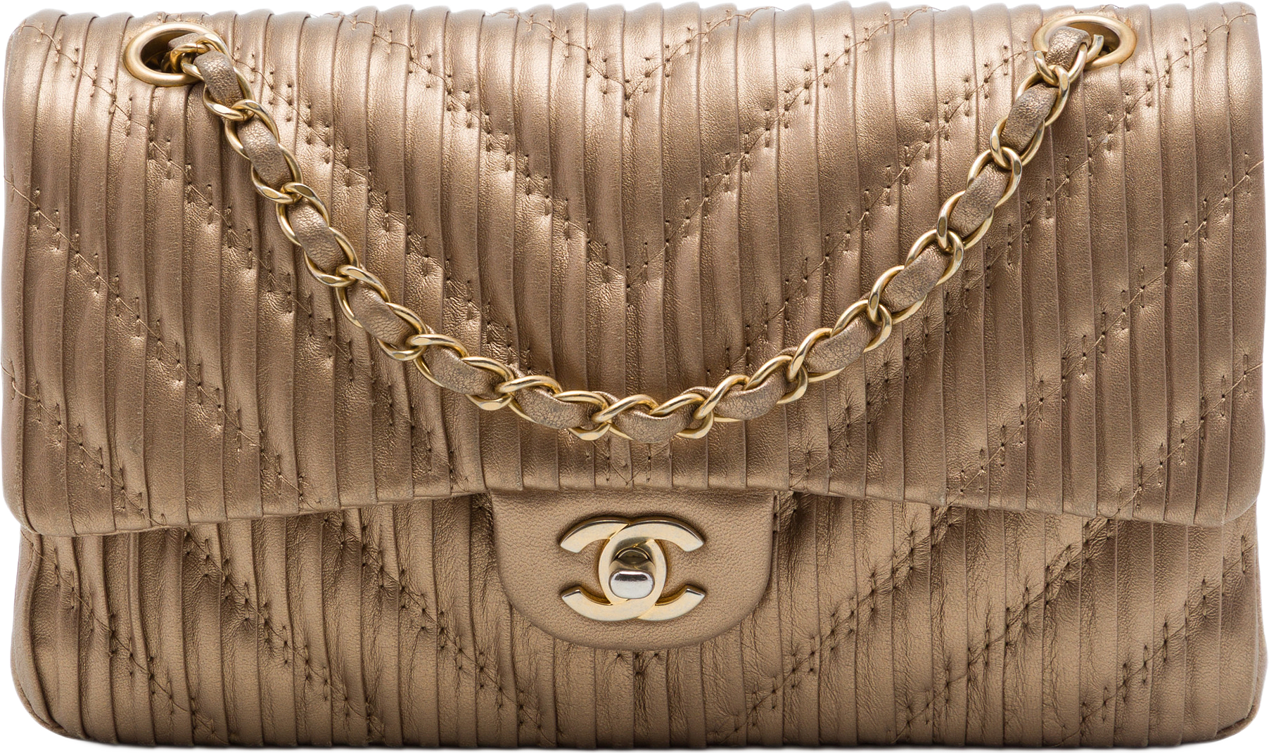 Chanel Medium Classic Chevron Calfskin Pleated Double Flap, från Luxclusif, i färgen brun.