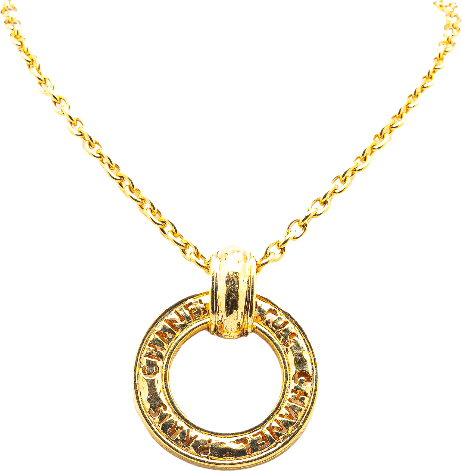 Chanel Gold Plated Circle Logo Pendant Necklace, från Luxclusif, i färgen gold.