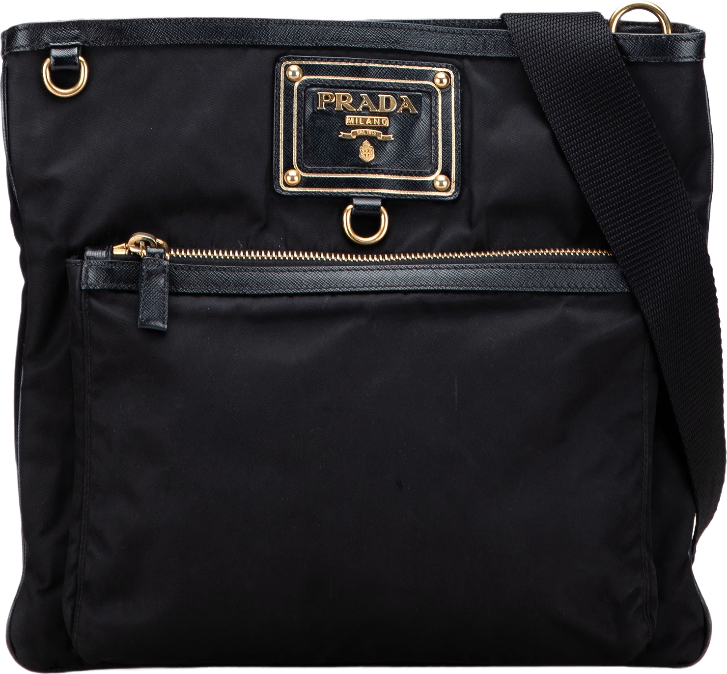 Prada Saffiano Trimmed Tessuto Snap Crossbody, från Luxclusif, i färgen black.