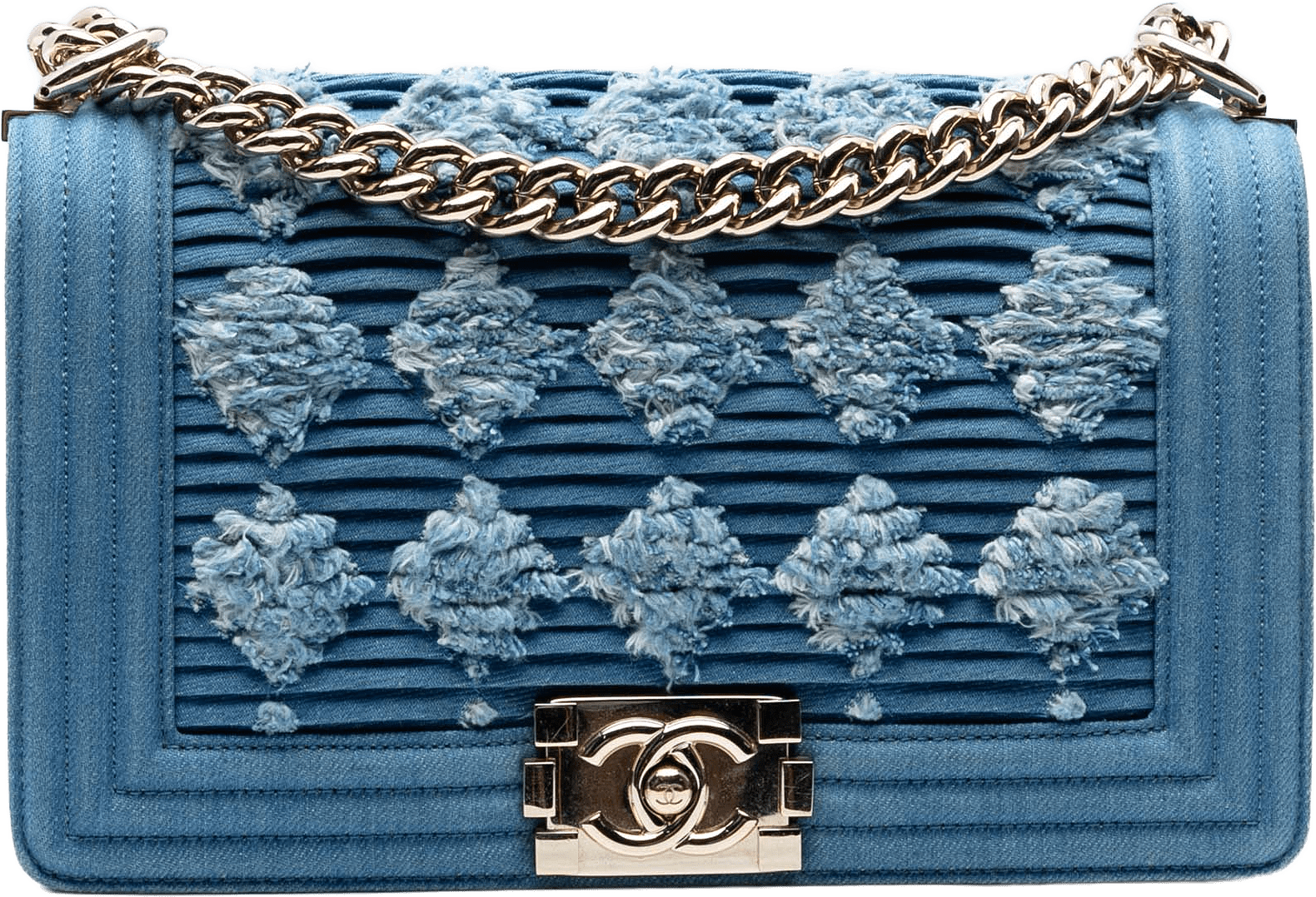 Chanel Old Medium Pleated Denim Boy Flap, från Luxclusif, i färgen denim.