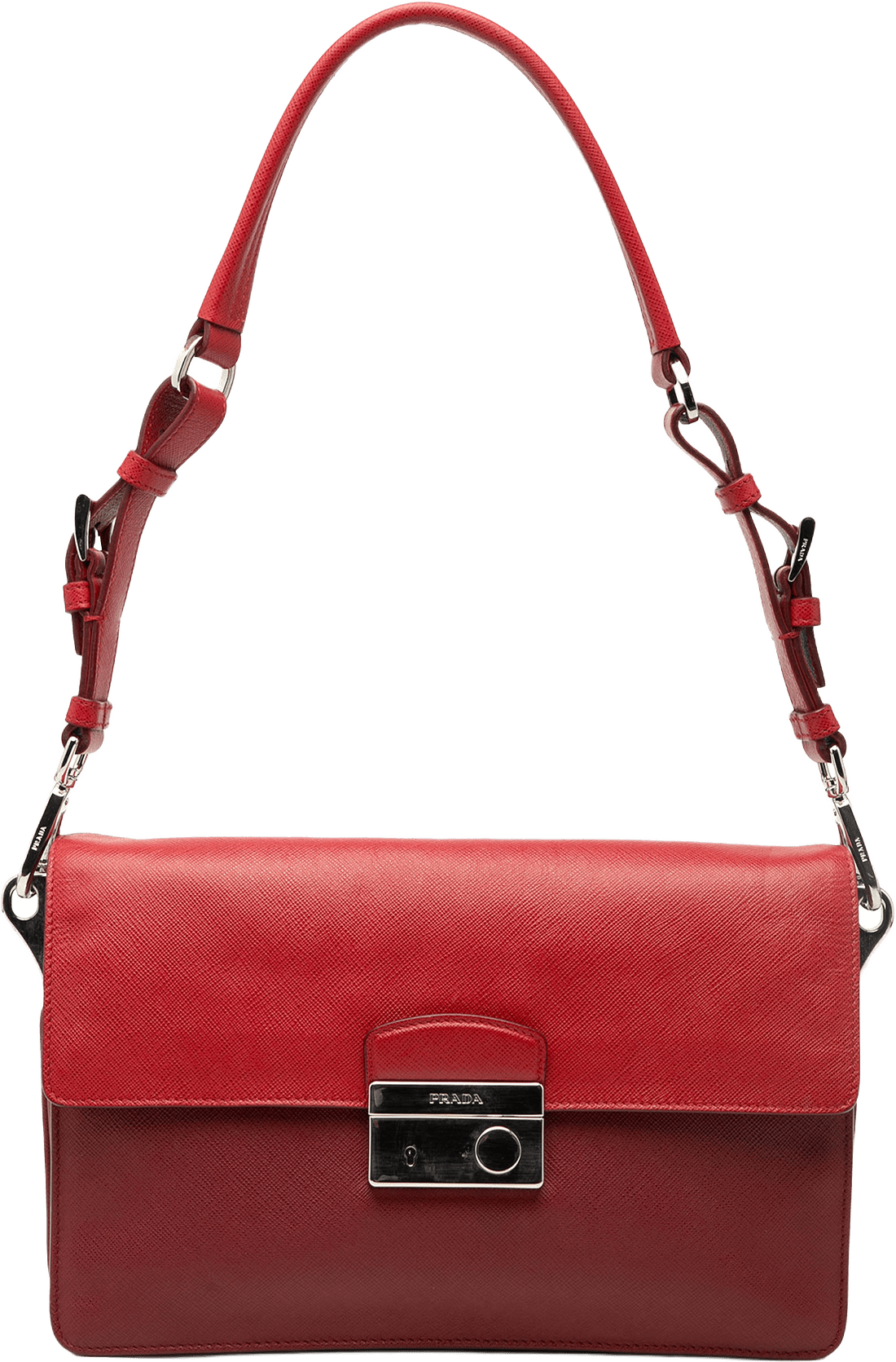 Prada Bicolor Saffiano Sound Lock Shoulder Bag, från Luxclusif, i färgen dark red.