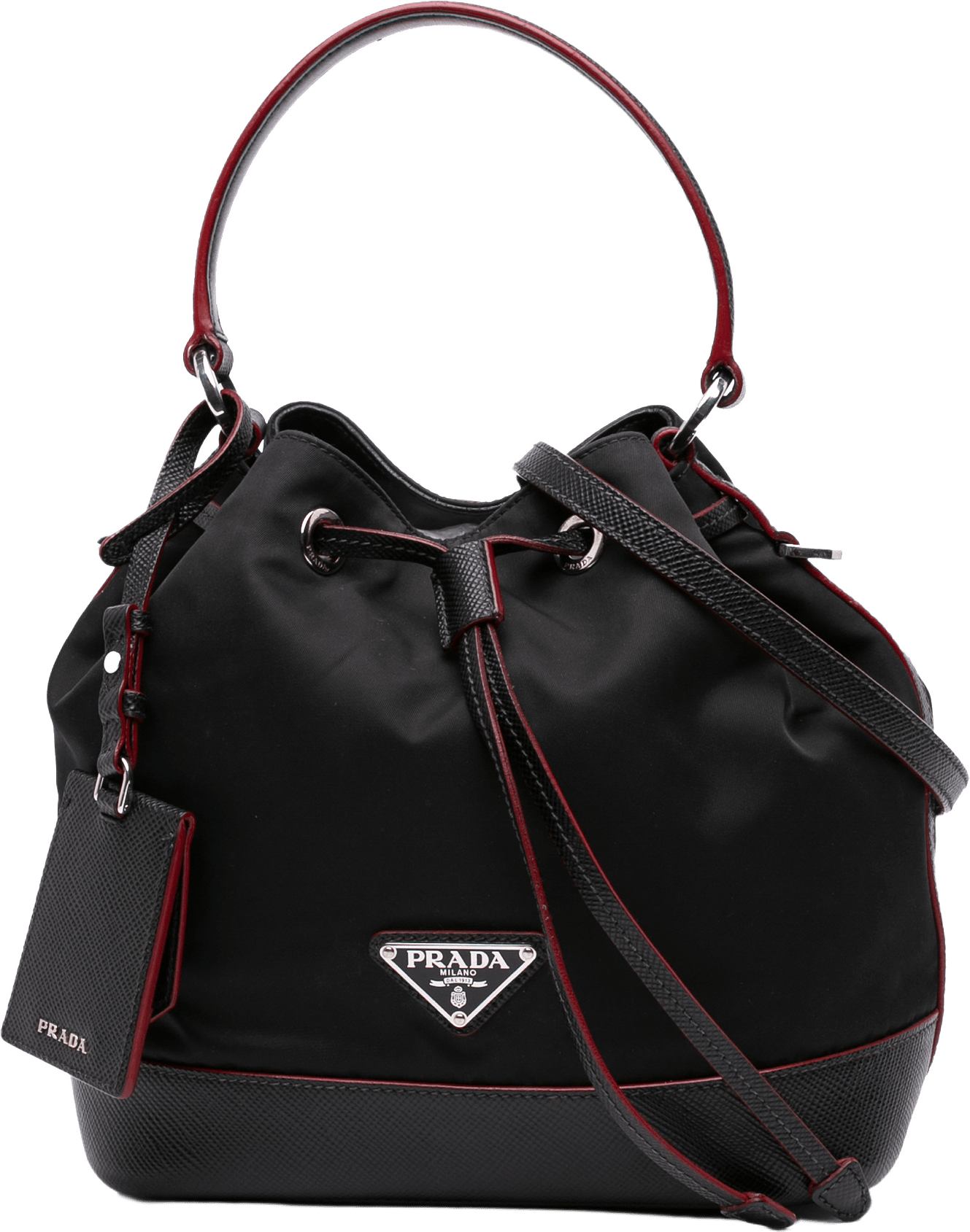 Prada Saffiano Trimmed Tessuto Bucket Bag, från Luxclusif, i färgen black.