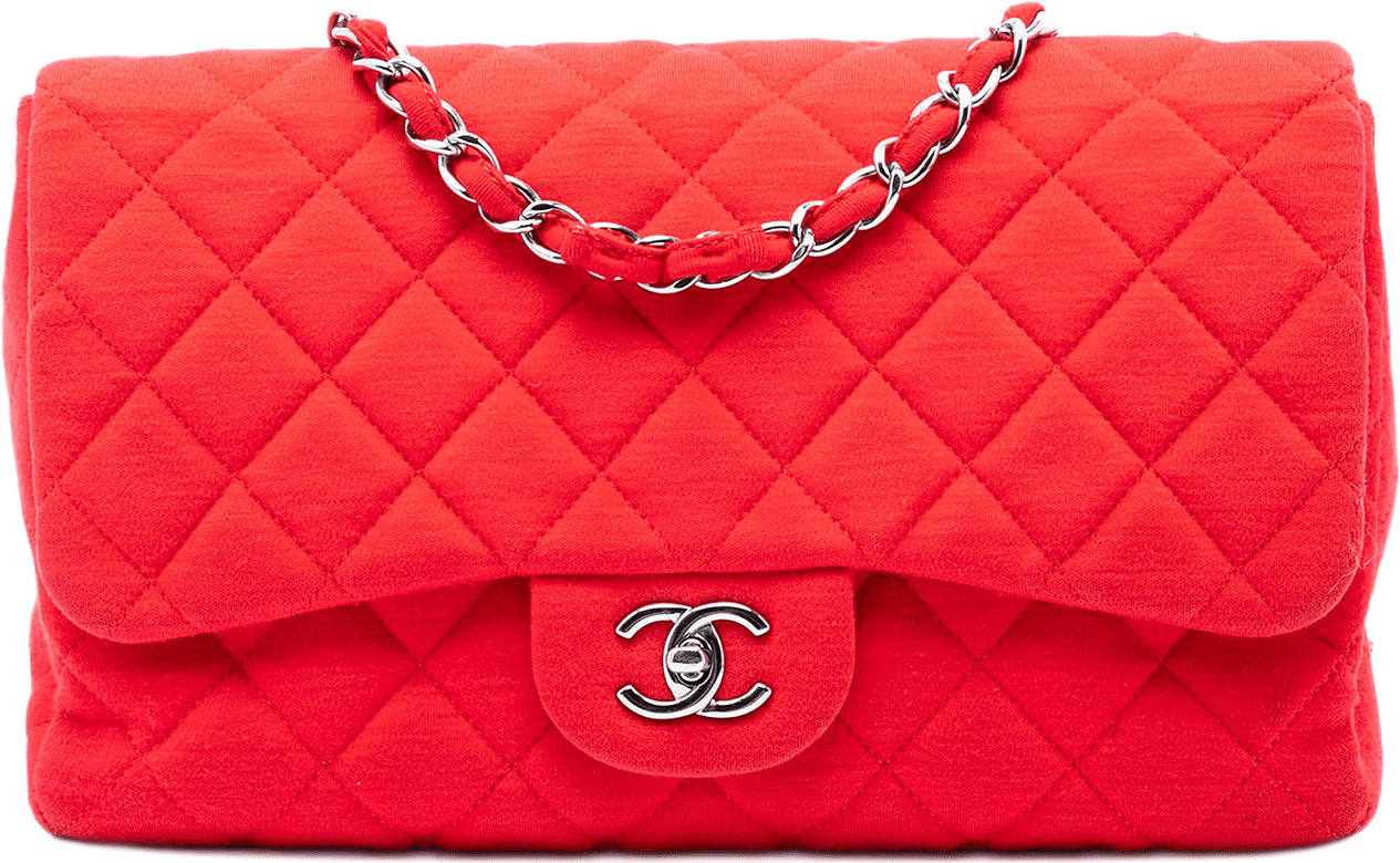 Chanel Jumbo Classic Jersey Single Flap, från Luxclusif, i färgen red.