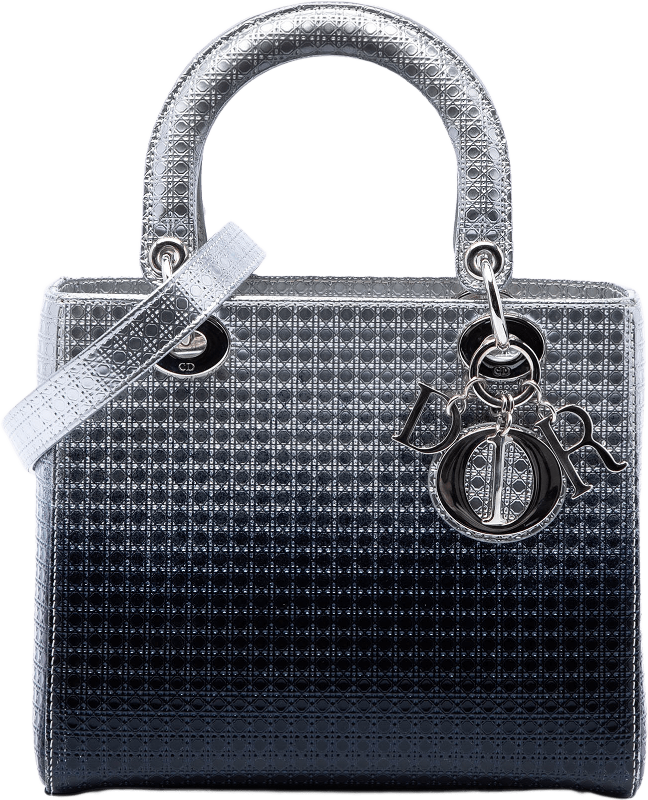 Dior Medium Ombre Metallic Patent Microcannage Lady Dior, från Luxclusif, i färgen silver.