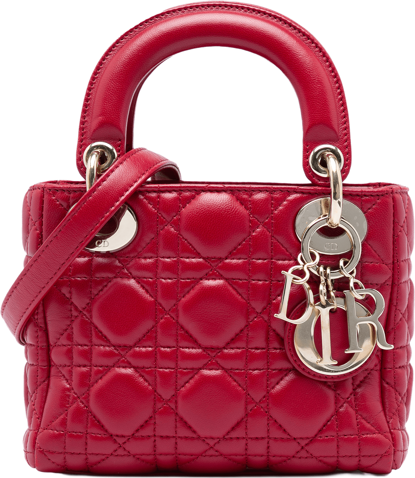 Dior Mini Lambskin Cannage Lady Dior, från Luxclusif, i färgen röd.