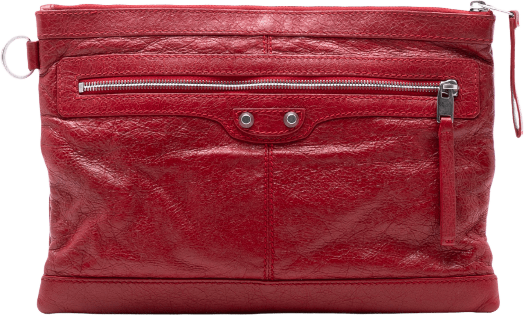 Balenciaga Lambskin Motocross Classic Clip M Clutch, från Luxclusif, i färgen red.