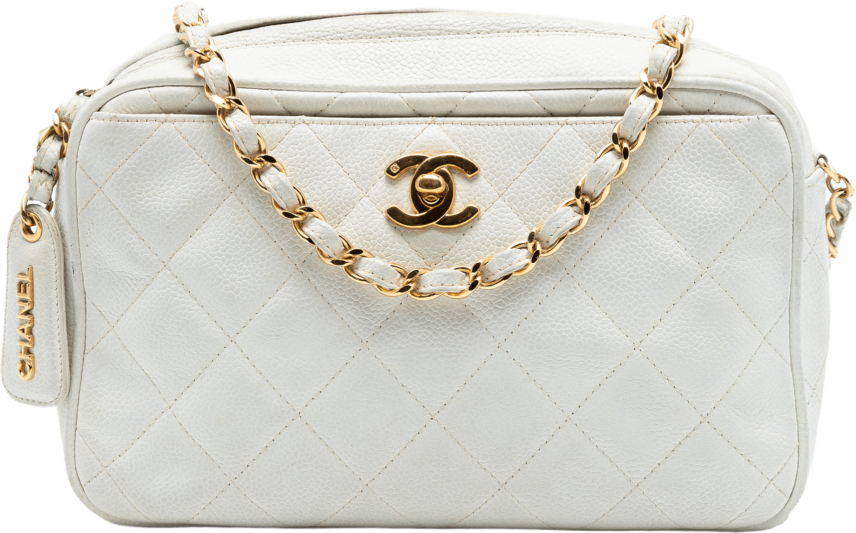 Chanel Cc Quilted Caviar Camera Bag, från Luxclusif, i färgen white.