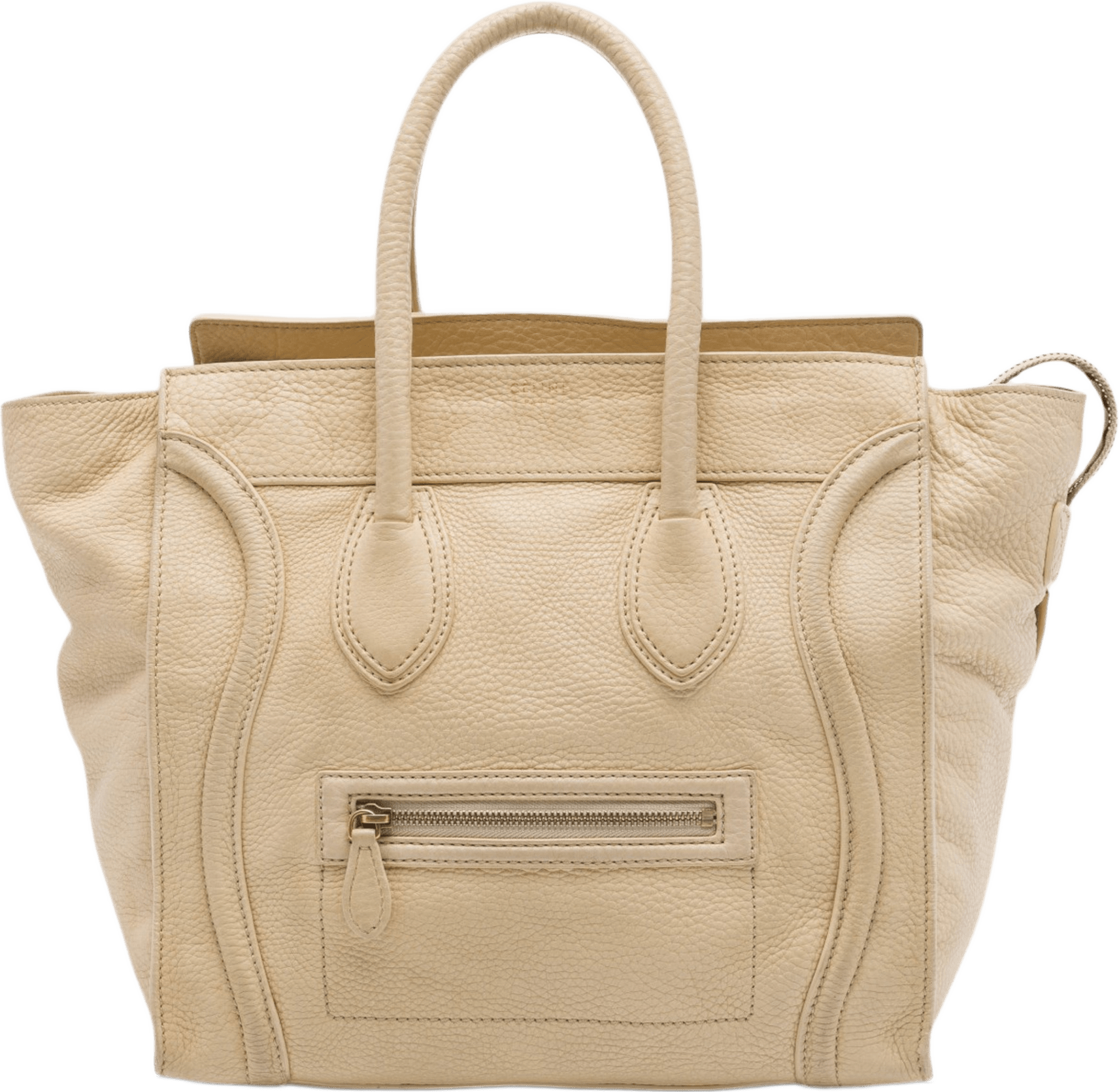 Celine Mini Drummed Calfskin Luggage Tote, från Luxclusif, i färgen beige.