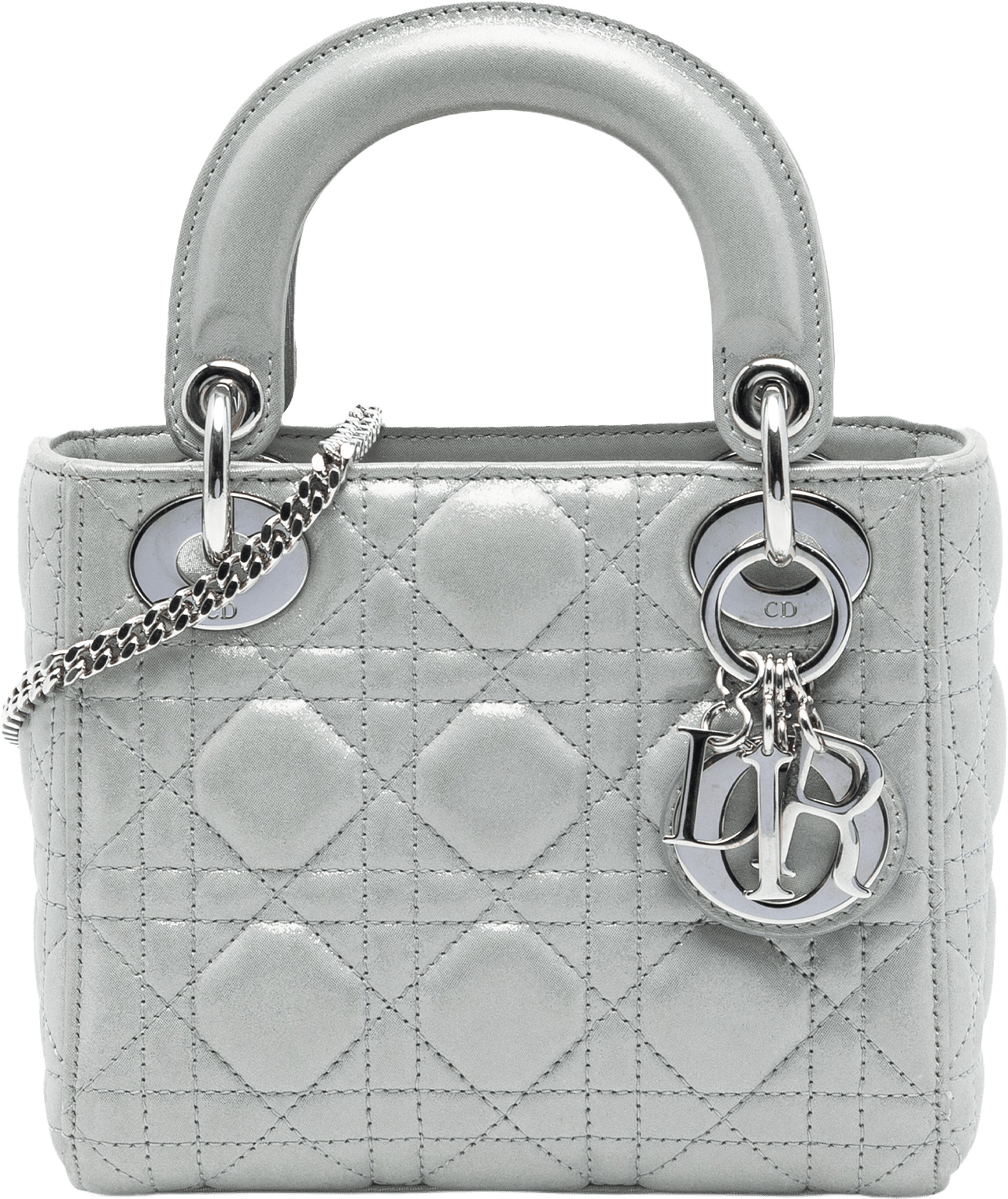 Dior Mini Iridescent Lambskin Cannage Lady Dior, från Luxclusif, i färgen silver.