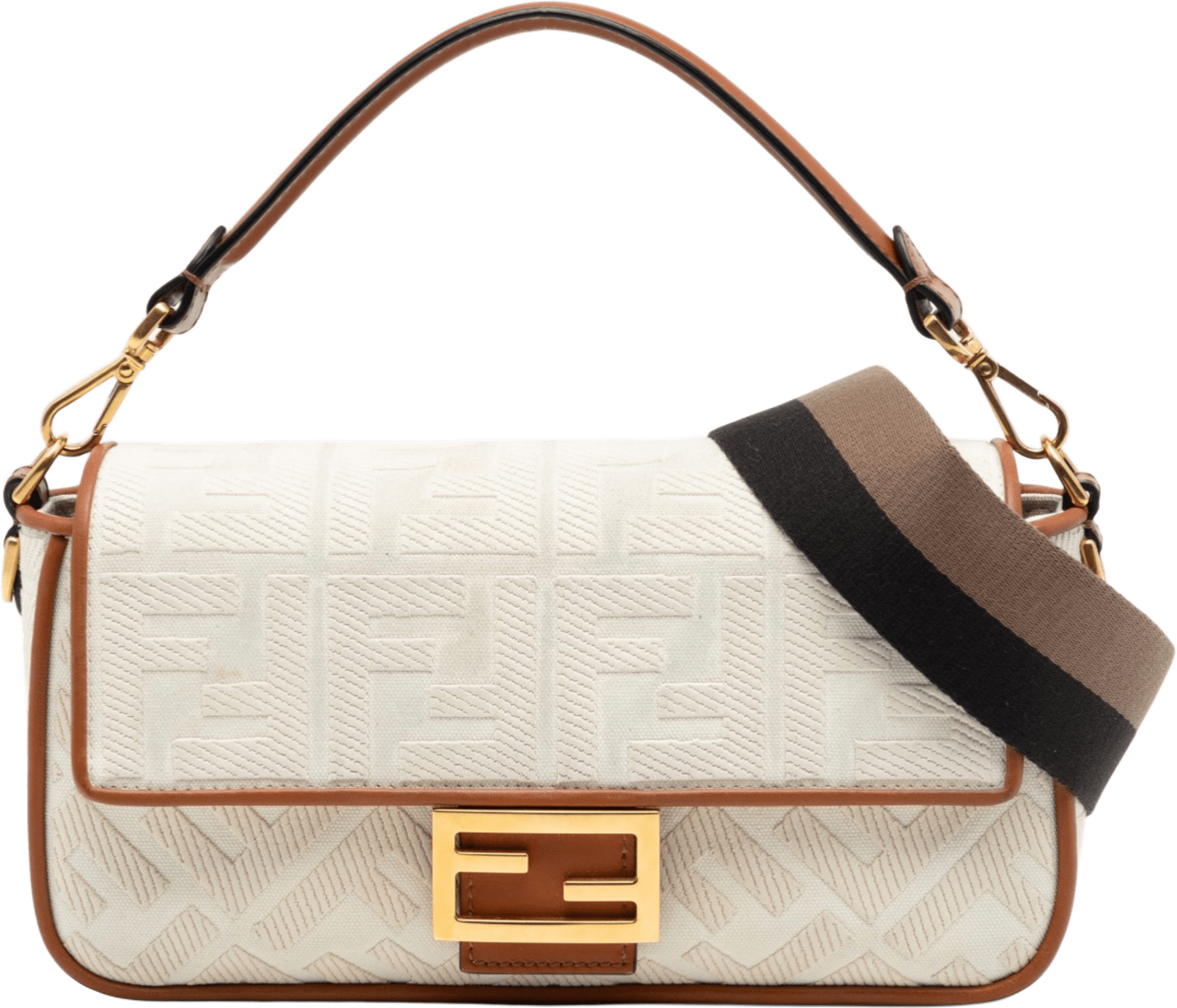 Fendi Zucca Embroidered Canvas Baguette Satchel, från Luxclusif, i färgen beige.