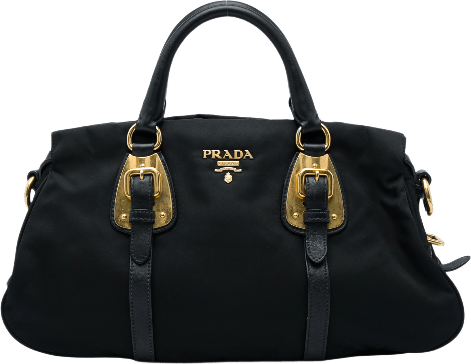 Prada Soft Calf Trimmed Tessuto Satchel, från Luxclusif, i färgen svart.