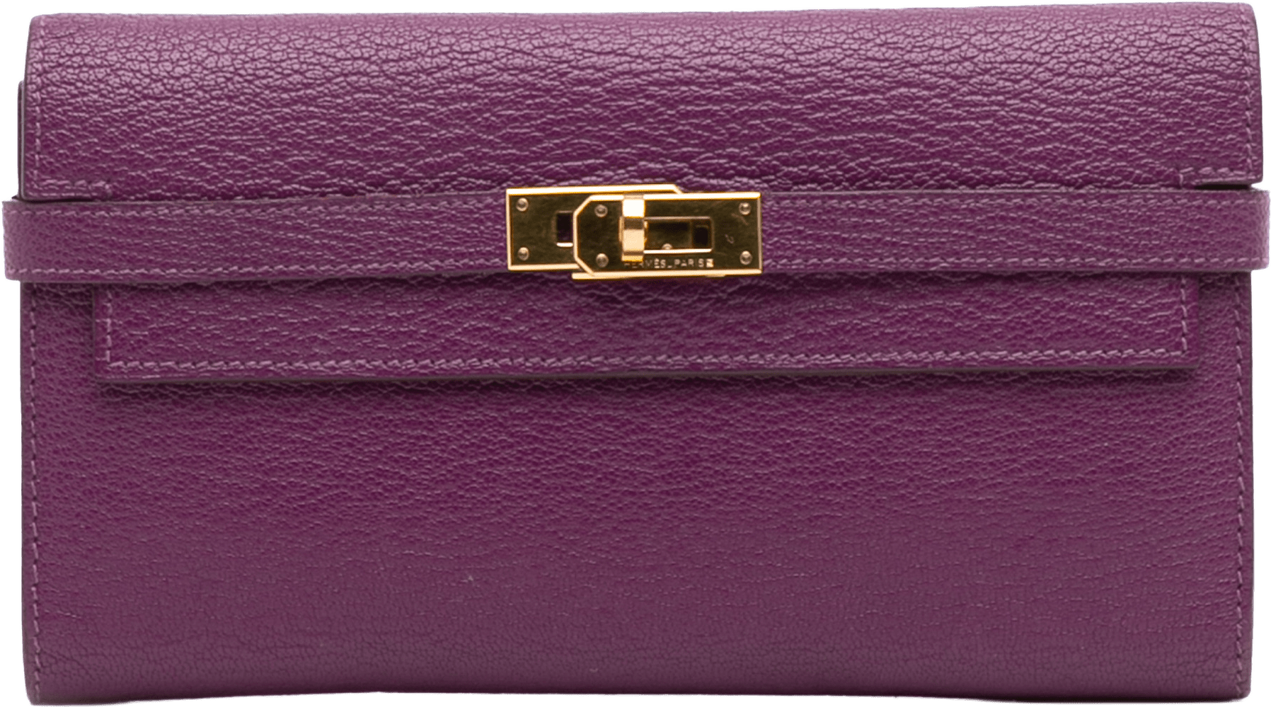 Hermès Chevre Mysore Leather Kelly Long Wallet, från Luxclusif, i färgen dark purple.