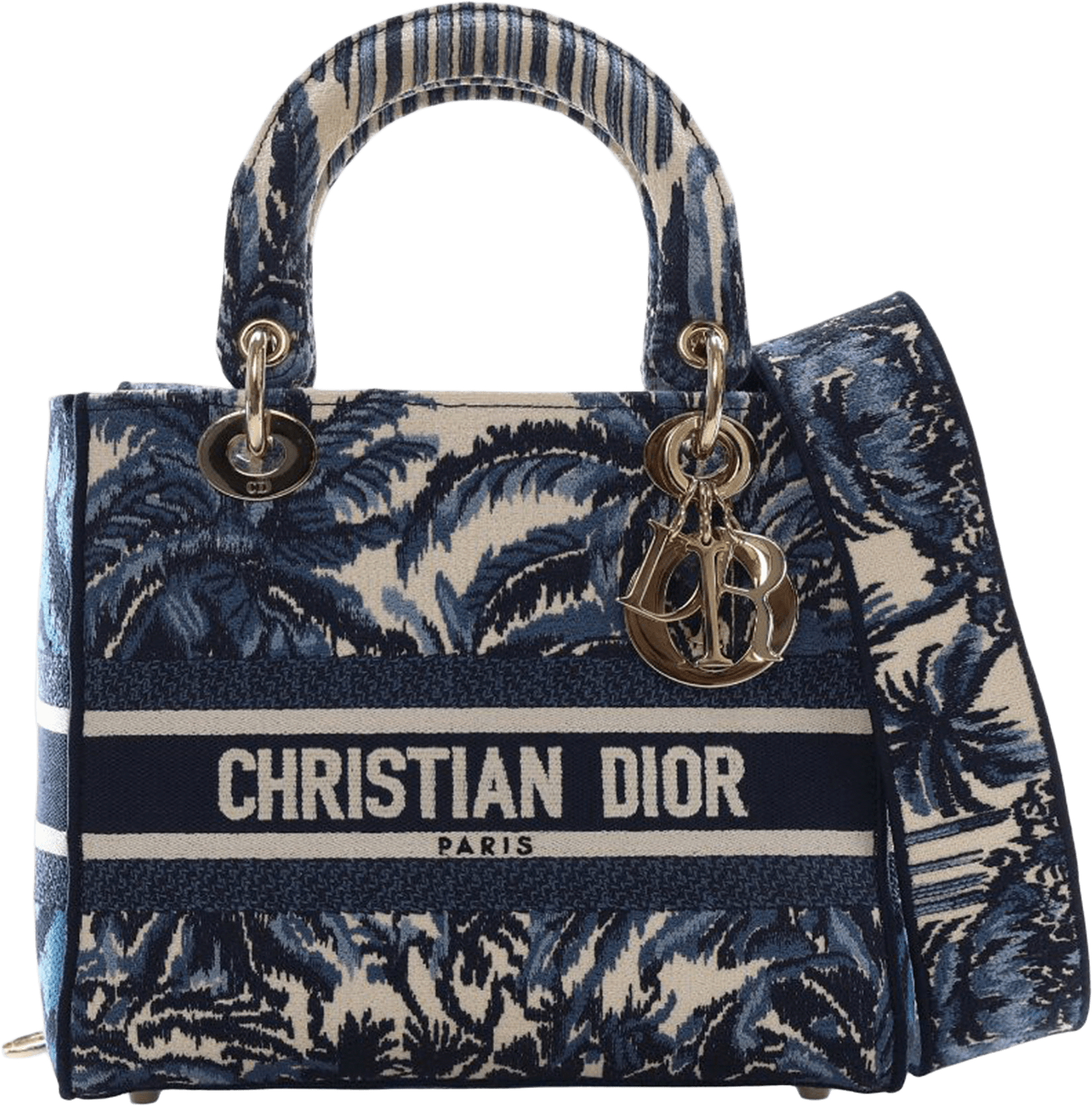 Dior Medium Embroidered Canvas Palm Tree Toile De Jouy Lady D Lite, från Luxclusif, i färgen blue.