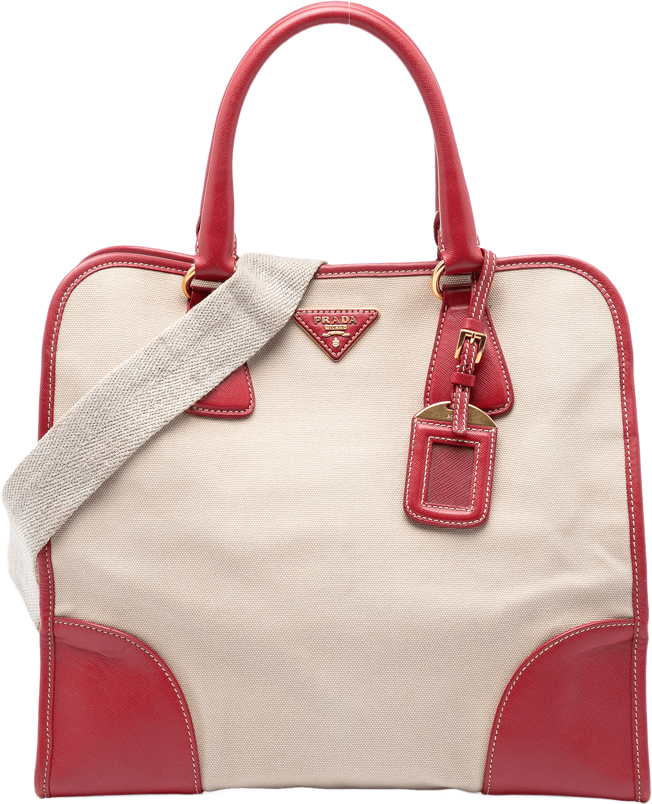 Prada Saffiano Trimmed Canvas Canapa Logo Satchel, från Luxclusif, i färgen beige.