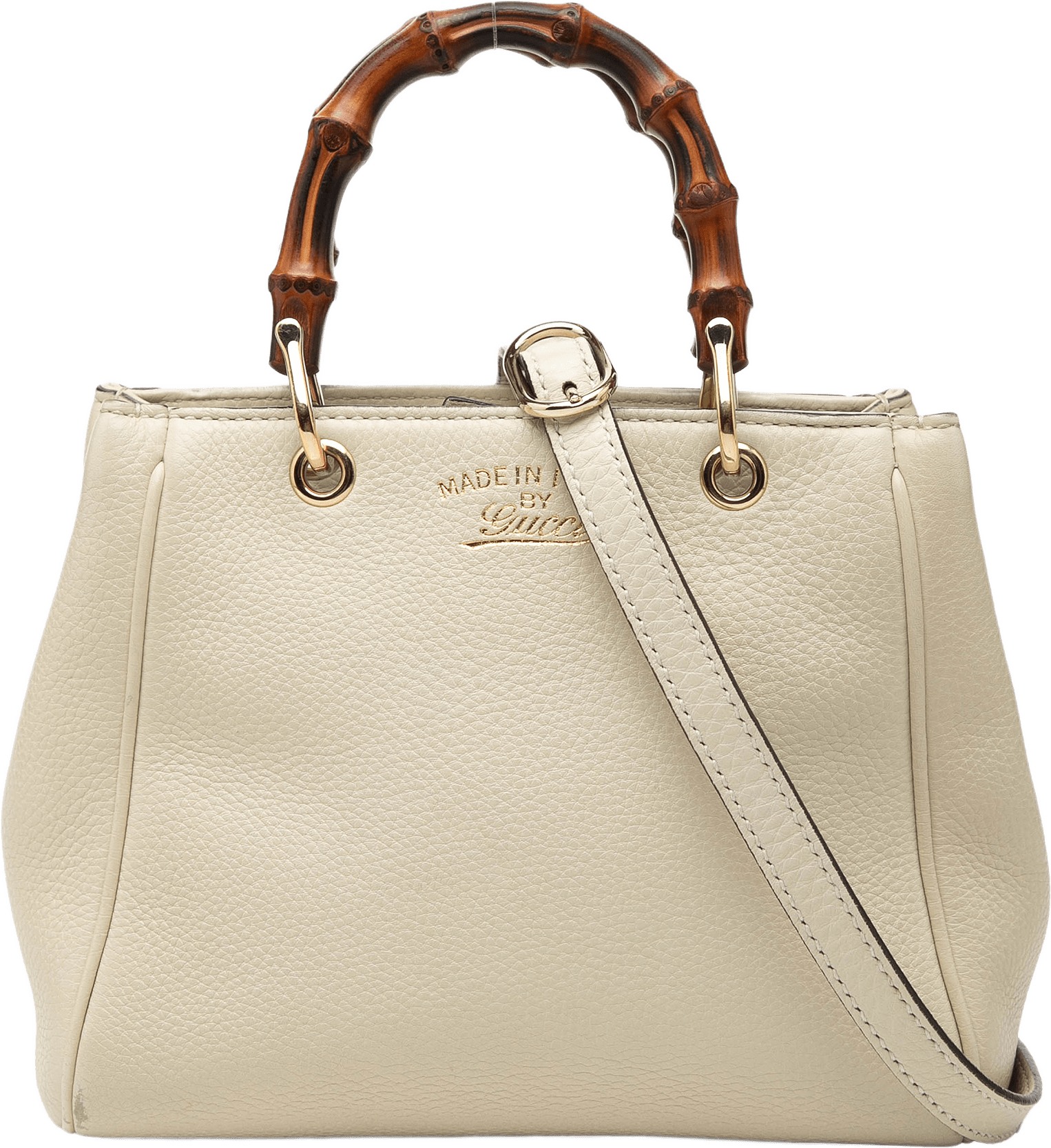 Gucci Mini Calfskin Bamboo Shopper Satchel, från Luxclusif, i färgen ivory.