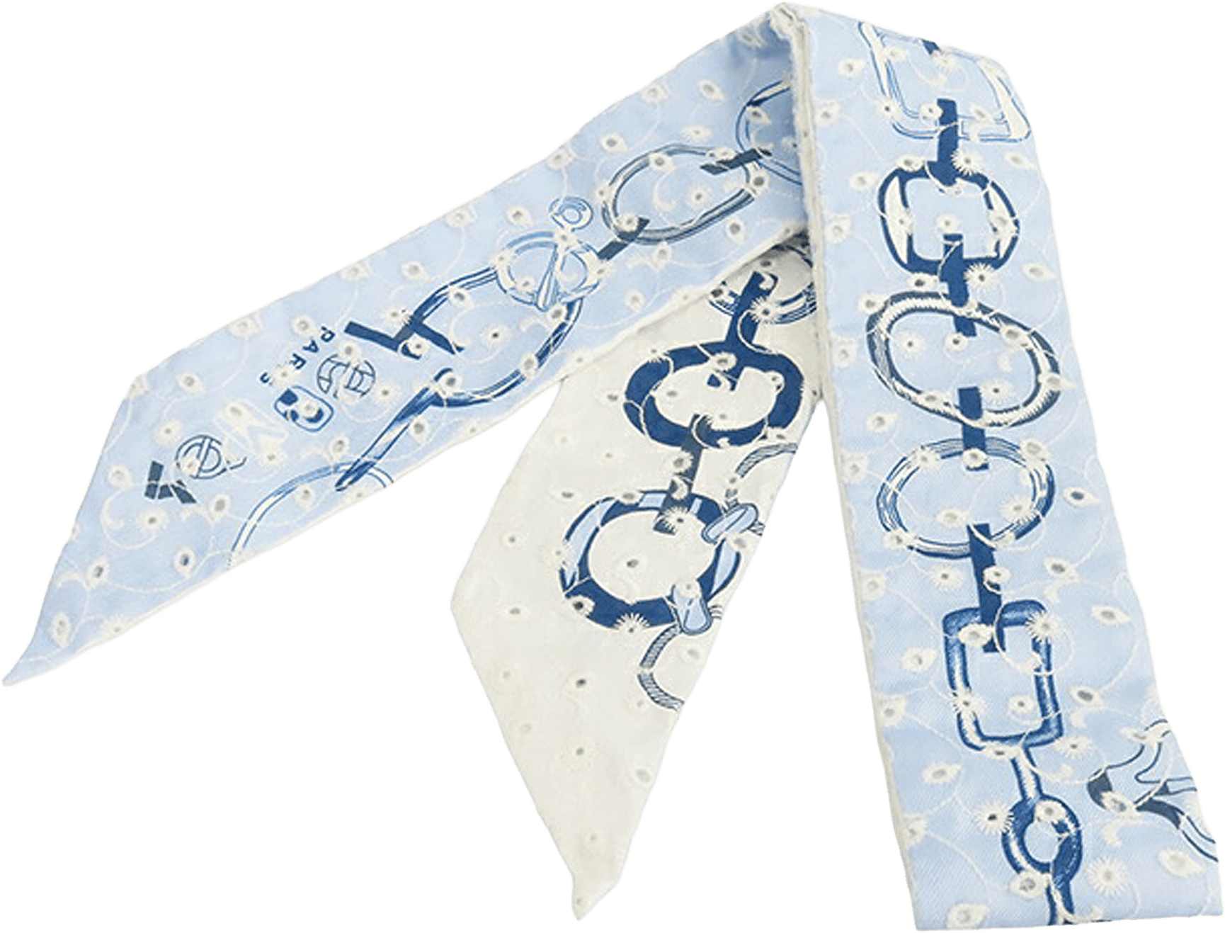 Hermès Do Re Boucles Broderie Anglaise Twilly Silk Scarf, från Luxclusif, i färgen light blue.