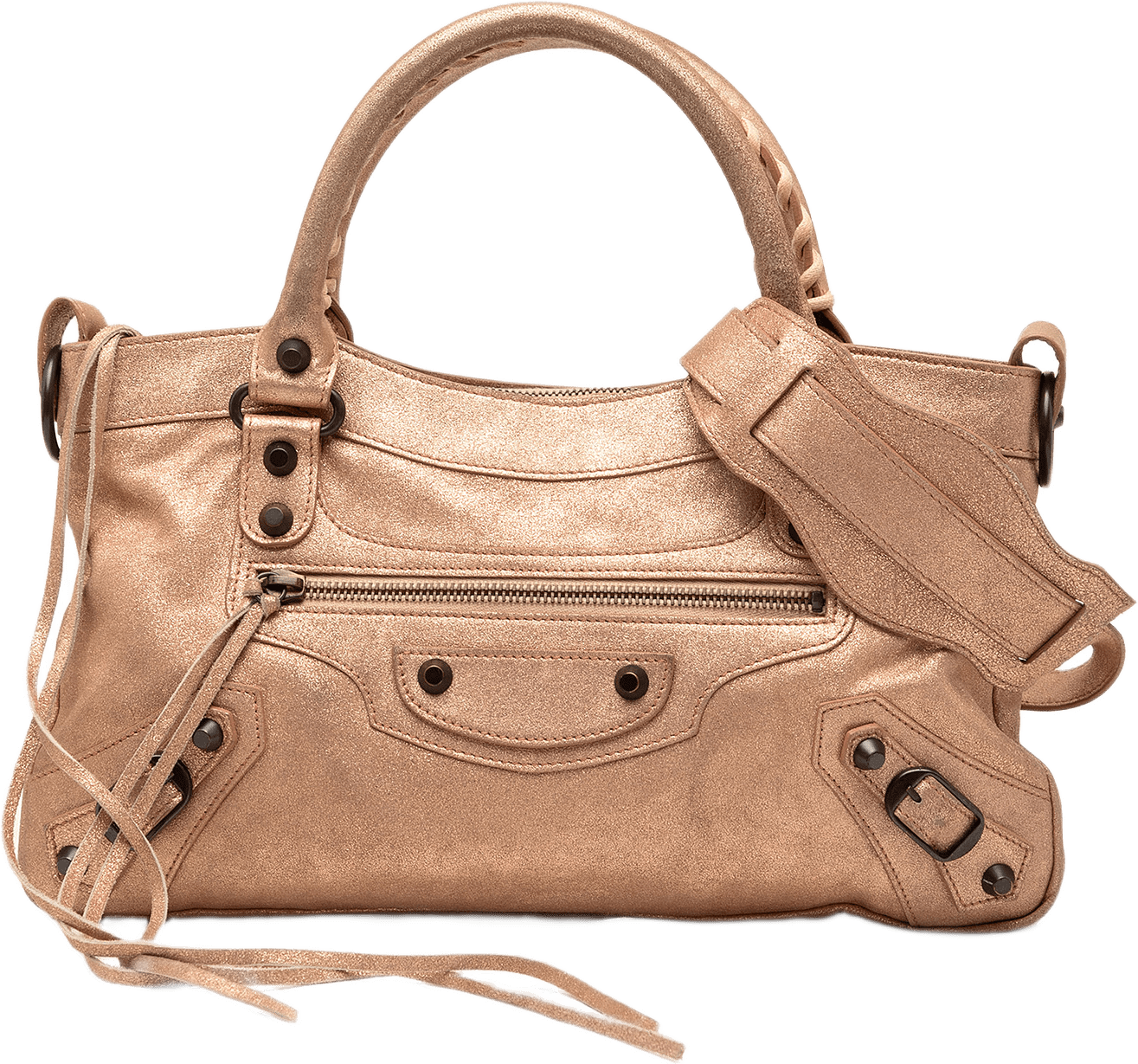 Balenciaga Metallic Craquele Suede Motocross Classic First Satchel, från Luxclusif, i färgen rose gold.