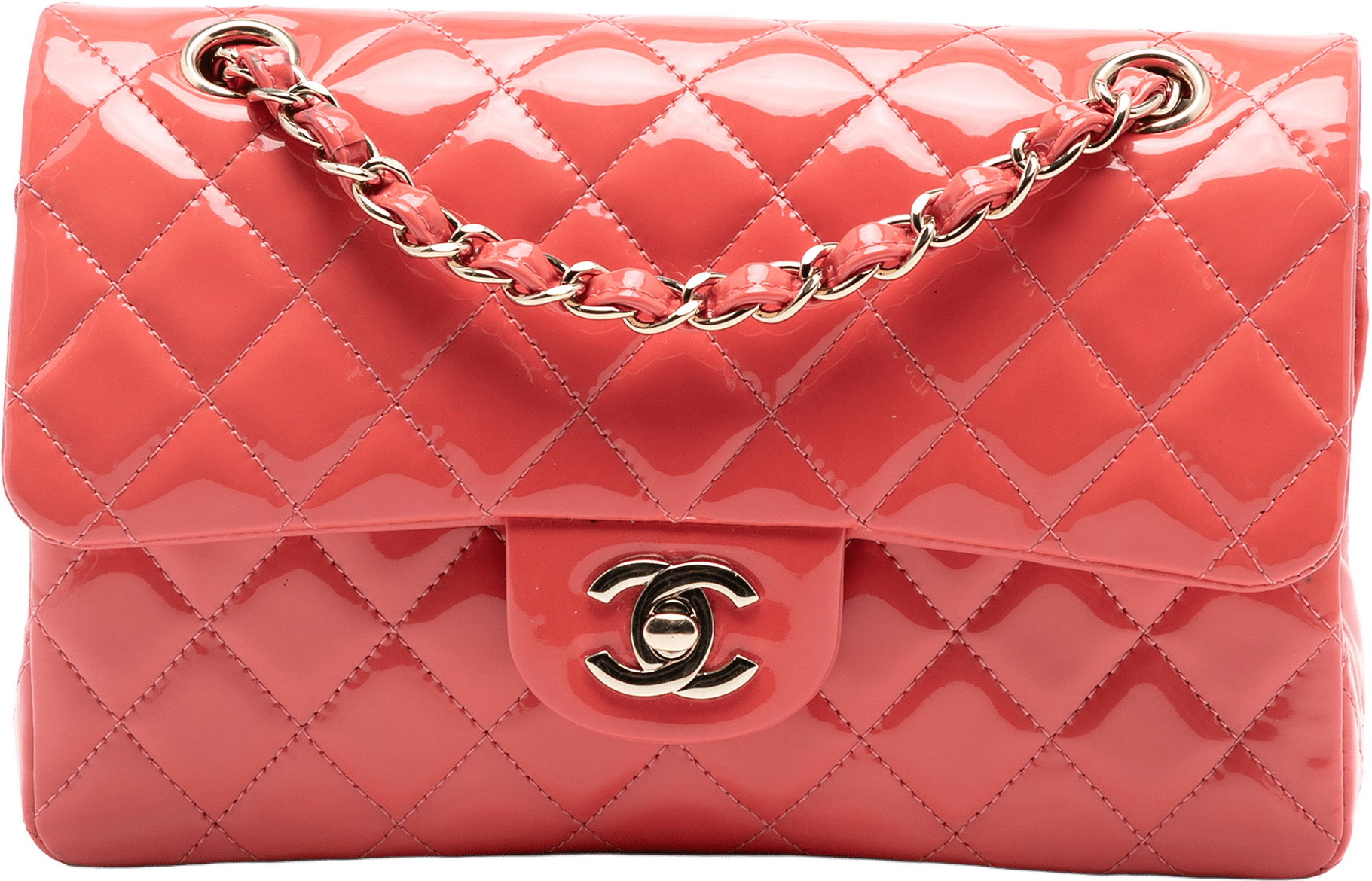 Chanel Small Classic Patent Double Flap, från Luxclusif, i färgen blush.