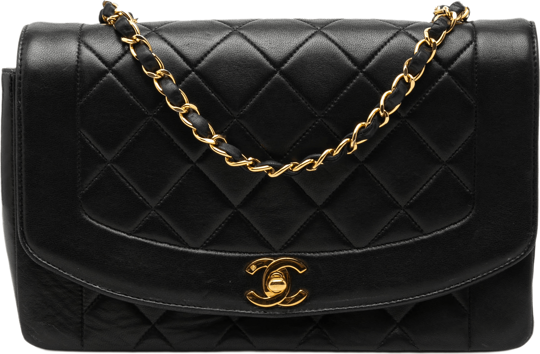Chanel Medium Lambskin Diana Flap, från Luxclusif, i färgen svart.