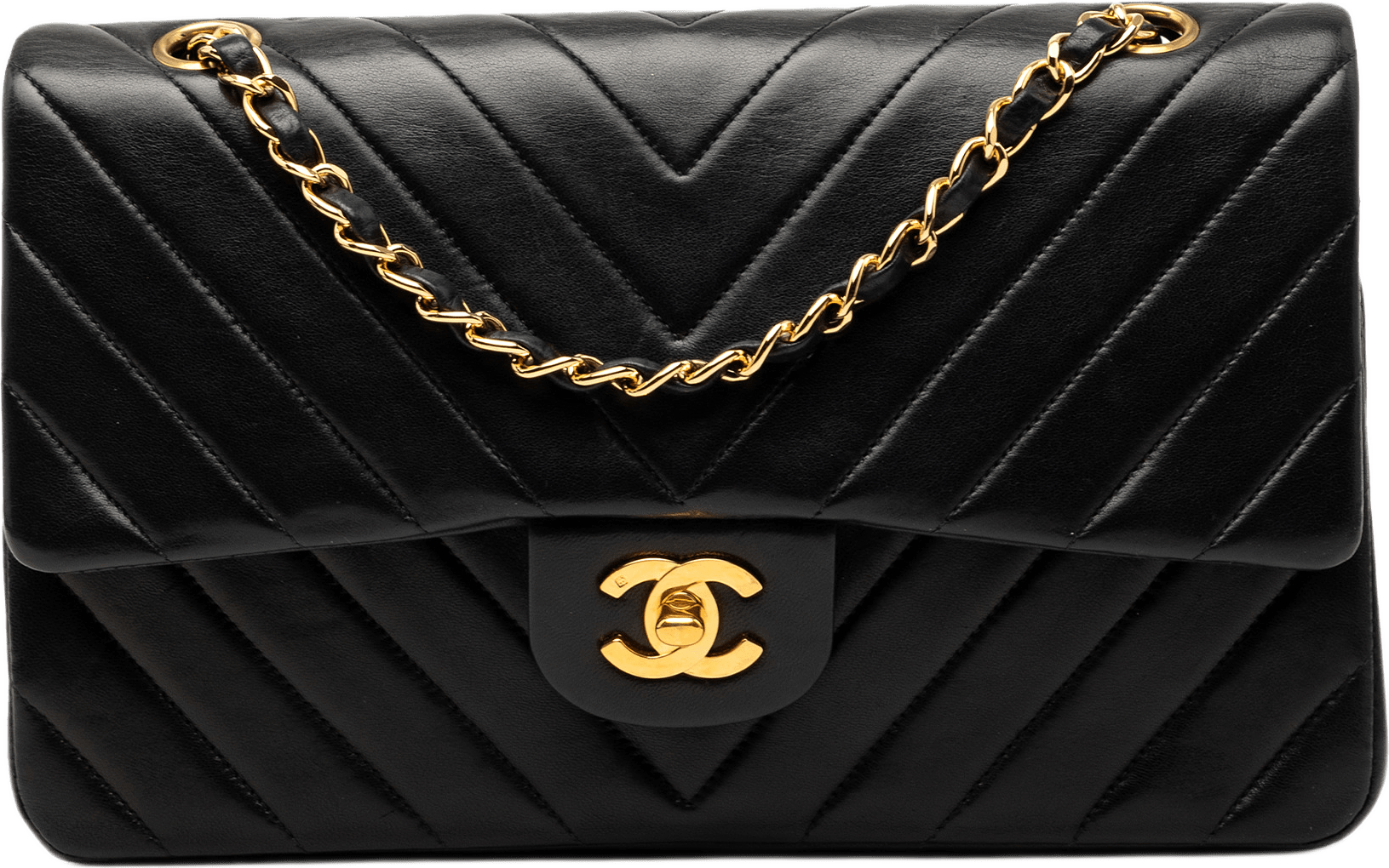 Chanel Medium Classic Chevron Lambskin Double Flap, från Luxclusif, i färgen black.