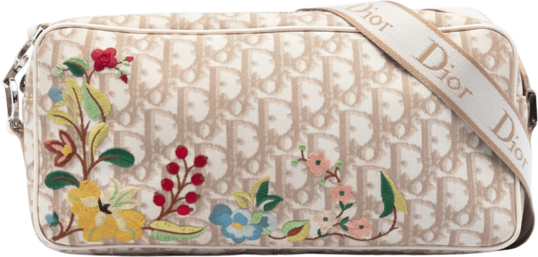 Dior Oblique Coated Canvas Floral Embroidered Crossbody, från Luxclusif, i färgen beige.
