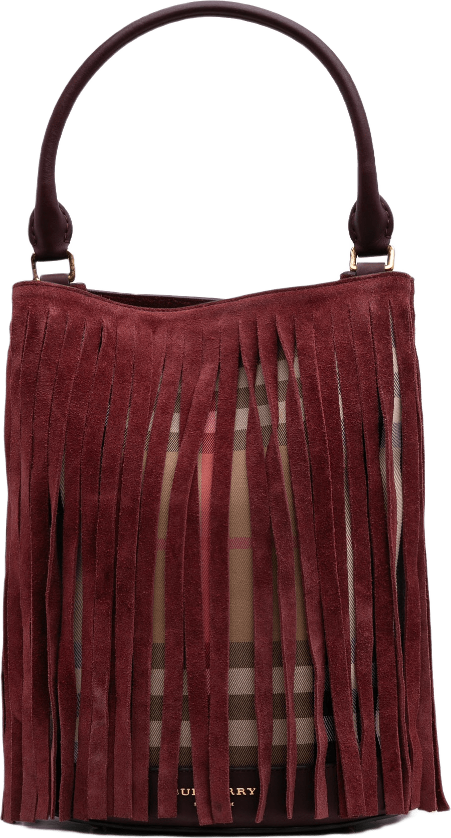 Burberry House Check Canvas And Suede Fringe Bucket Bag