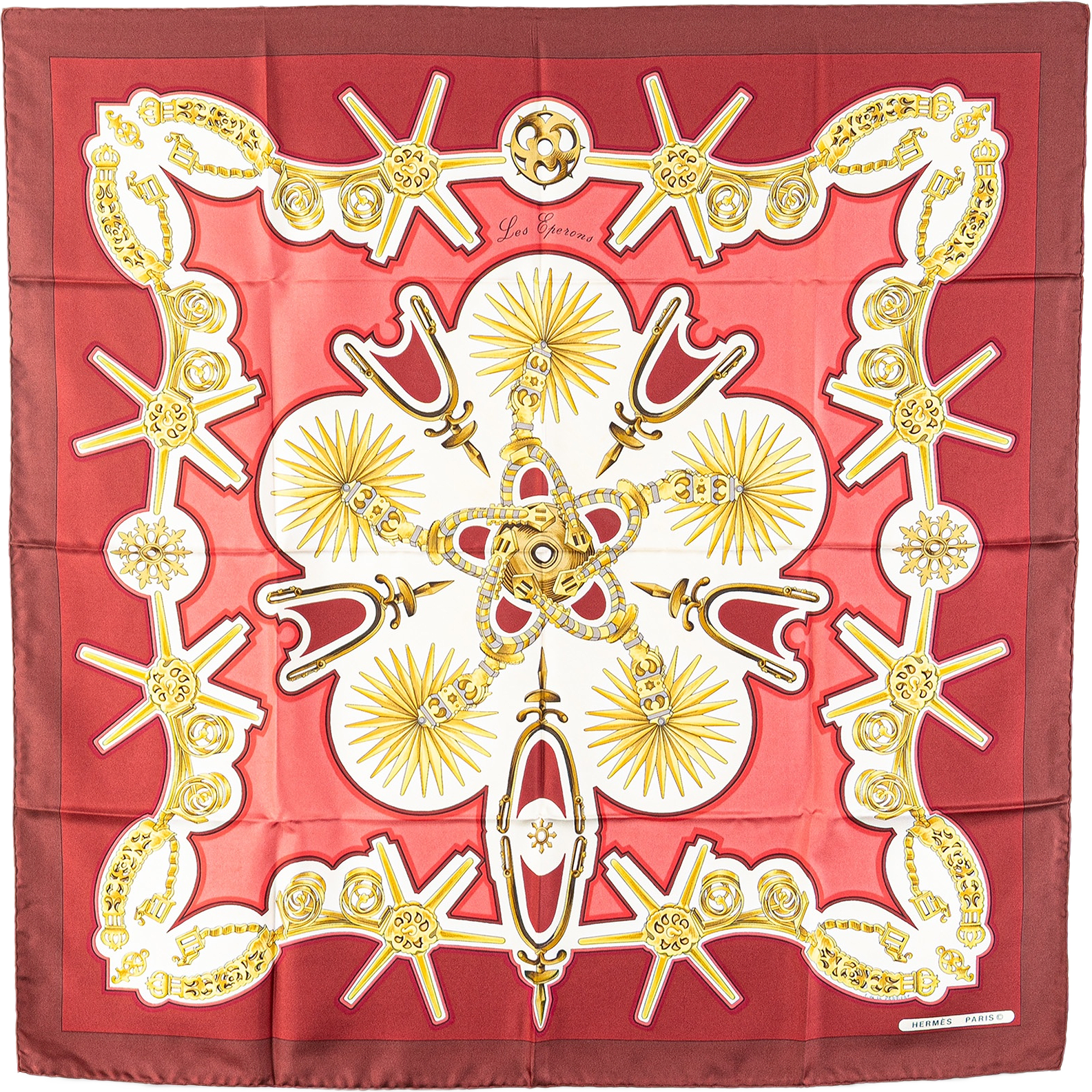 Hermès Les Eperons Silk Scarf, från Luxclusif, i färgen red.