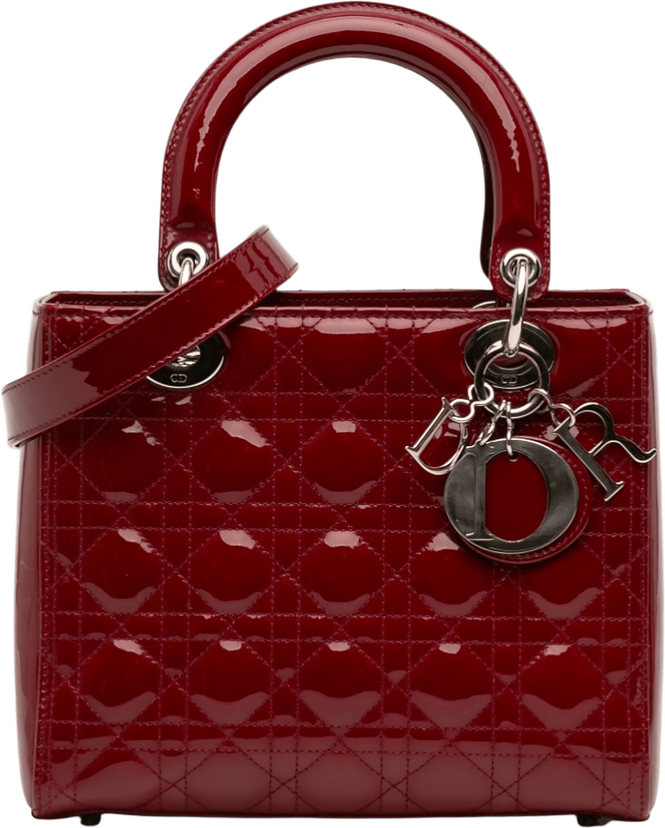 Dior Medium Patent Cannage Lady Dior, från Luxclusif, i färgen dark red.