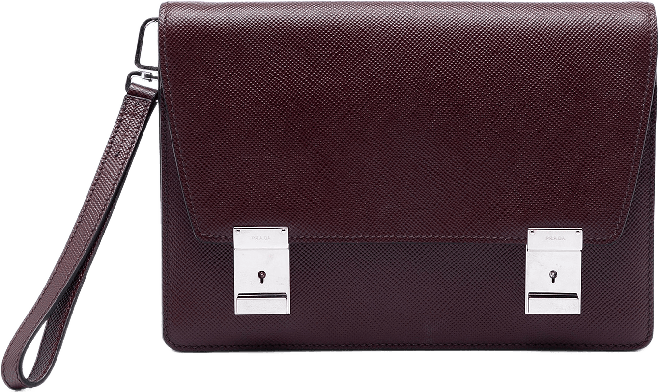 Prada Saffiano Double Lock Convertible Clutch, från Luxclusif, i färgen burgundy.