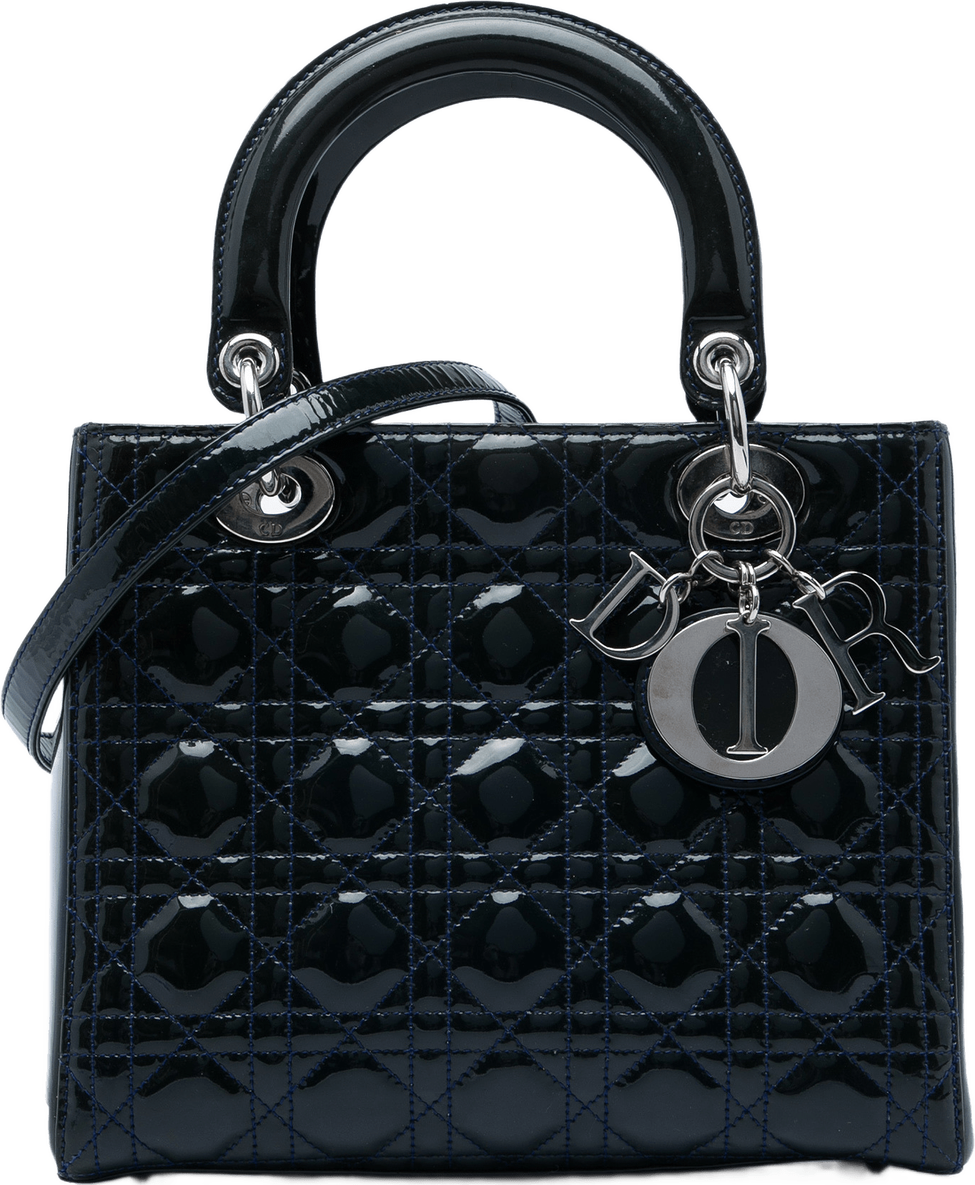 Dior Medium Patent Cannage Lady Dior, från Luxclusif, i färgen blå.