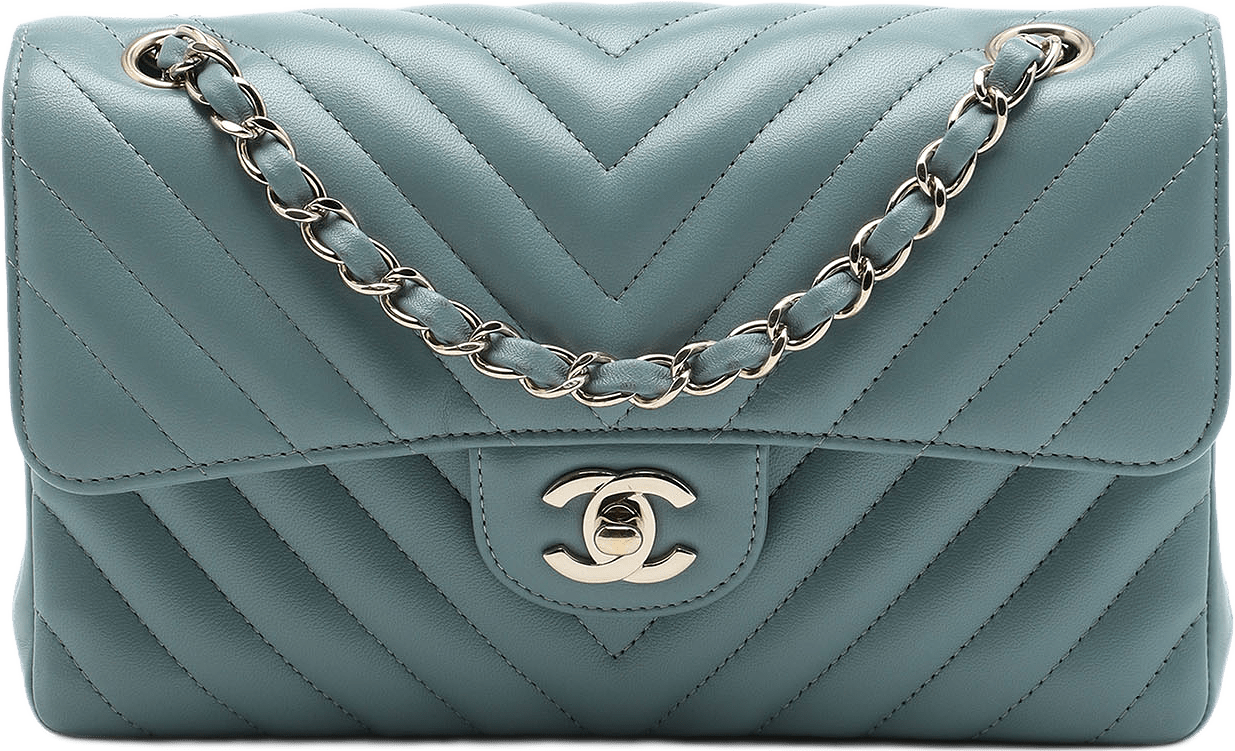 Chanel Small Classic Chevron Lambskin Double Flap, från Luxclusif, i färgen blå.