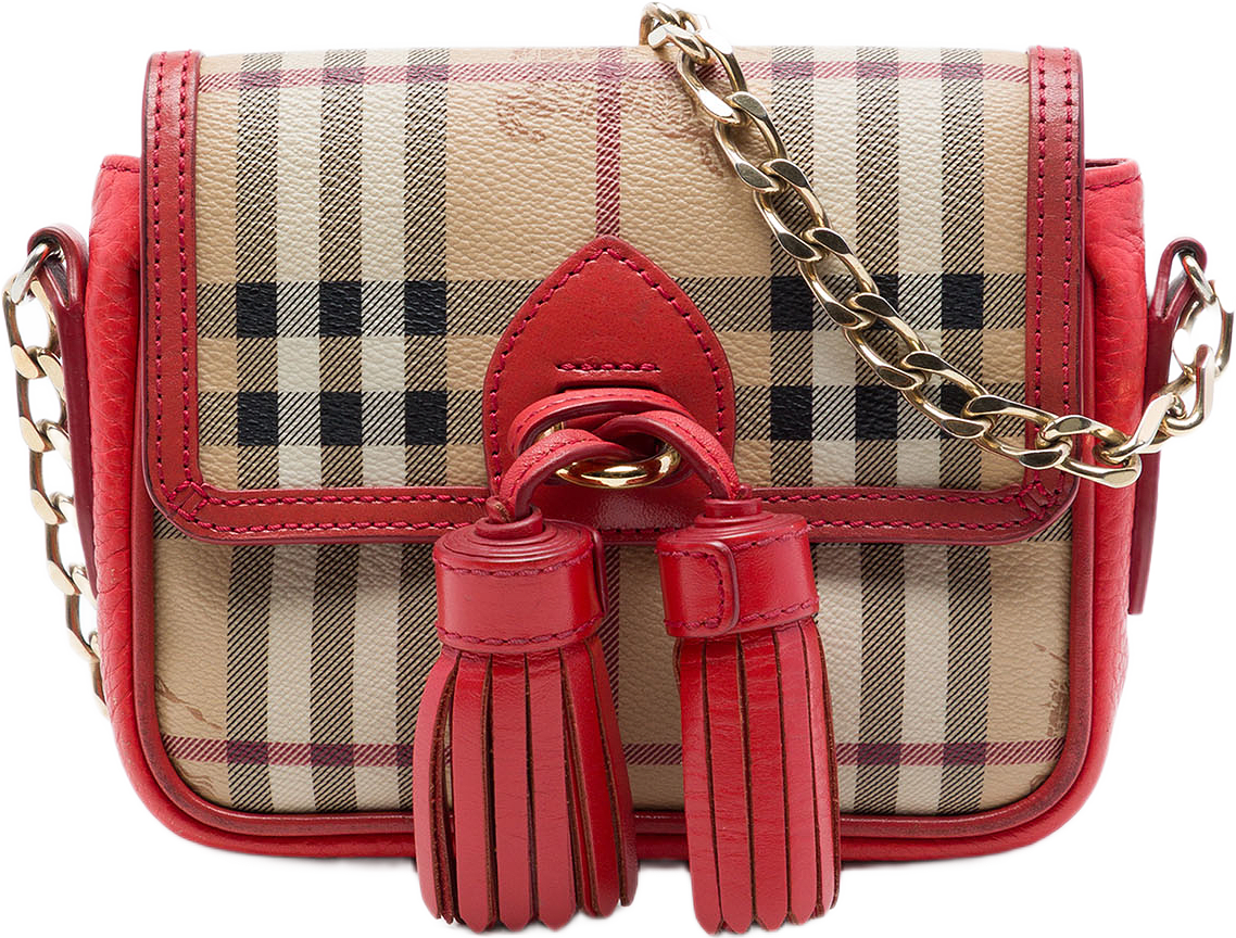Burberry Mini Haymarket Check Coated Canvas Tassel Crossbody, från Luxclusif, i färgen röd.