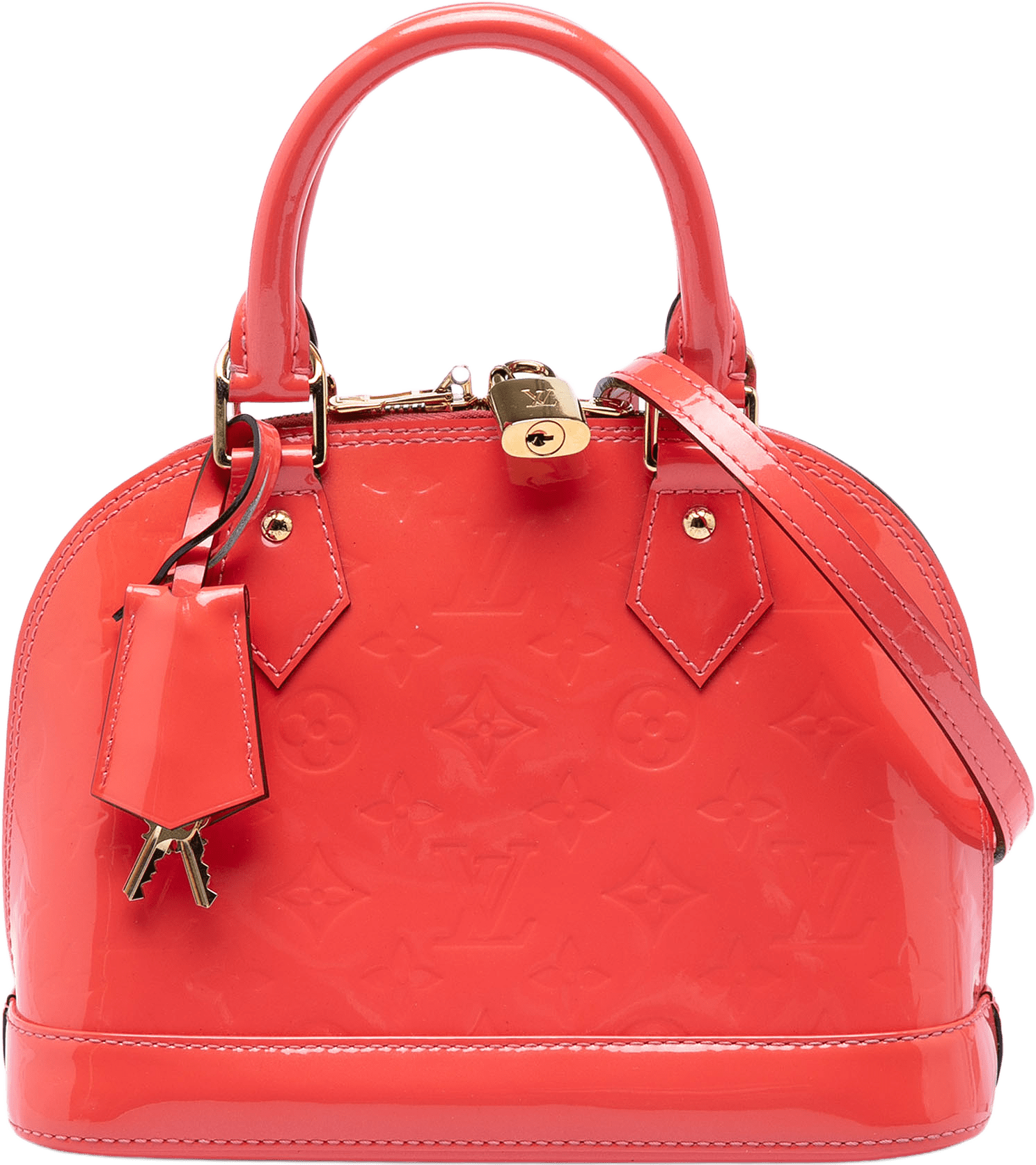 Louis Vuitton Monogram Vernis Alma Bb, från Luxclusif, i färgen red orange.