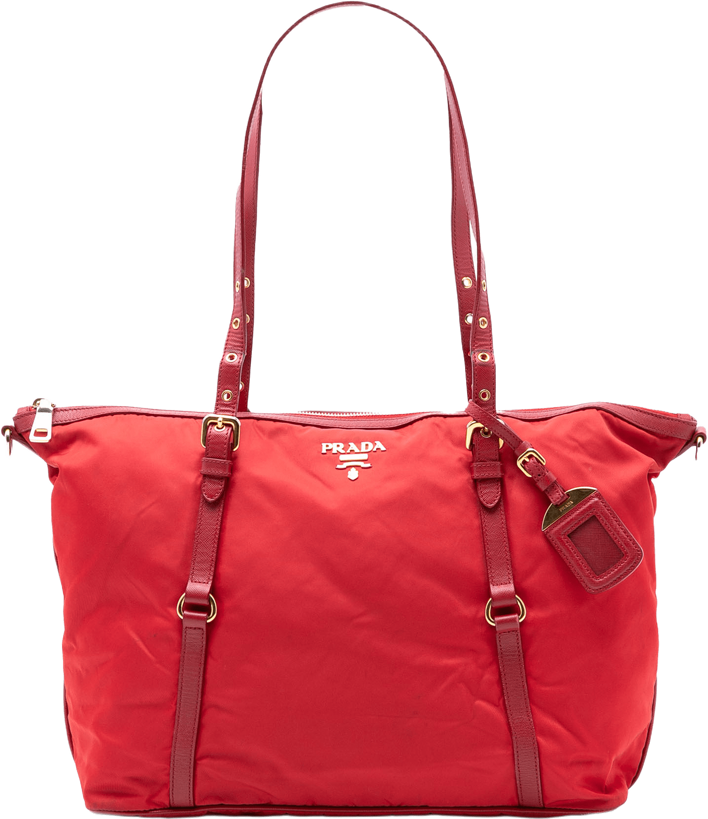Prada Saffiano Trimmed Tessuto Zip Top Convertible Tote, från Luxclusif, i färgen red.