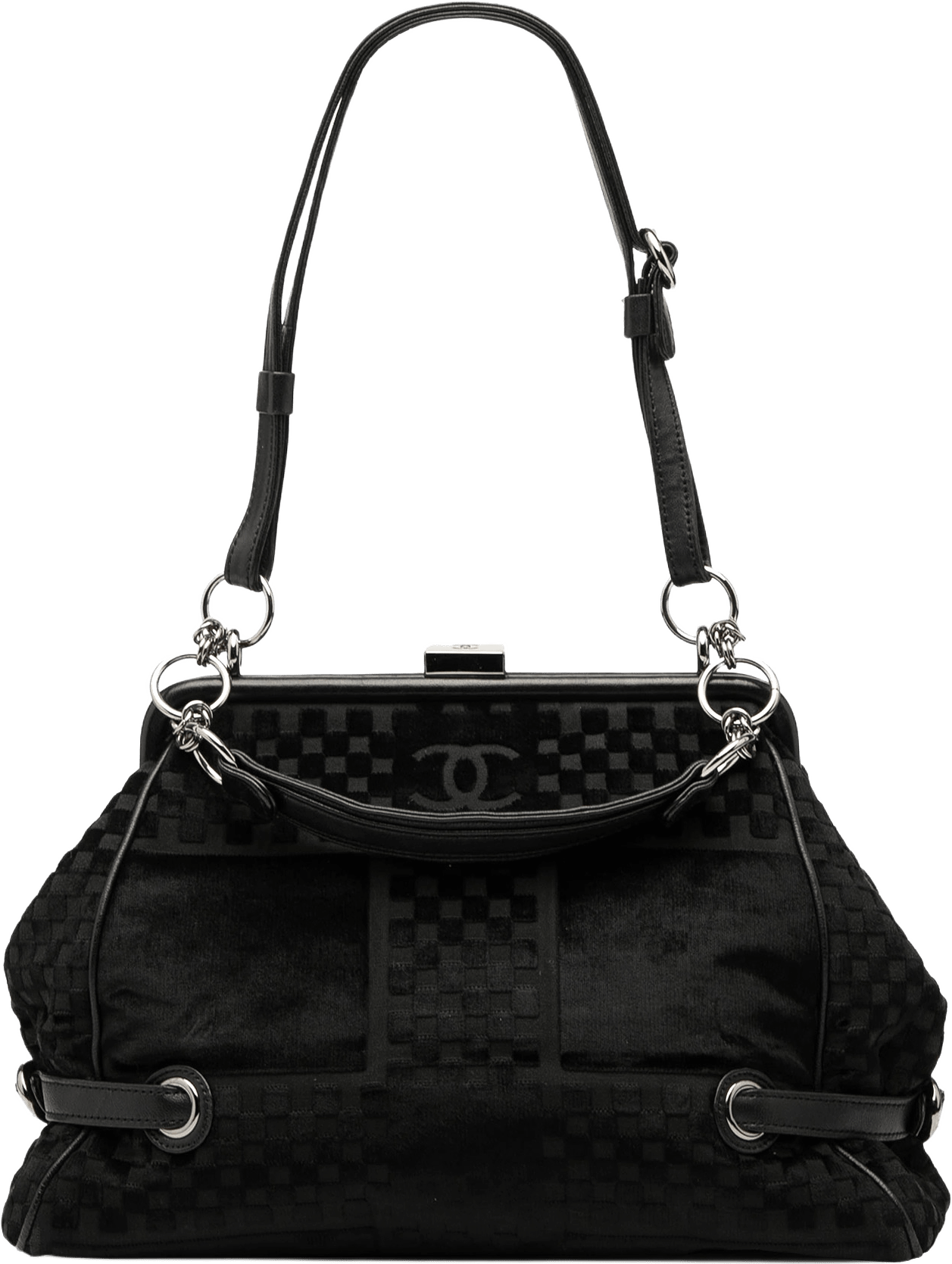 Chanel Cc Check Embossed Velvet Belted Side Frame Bag, från Luxclusif, i färgen black.