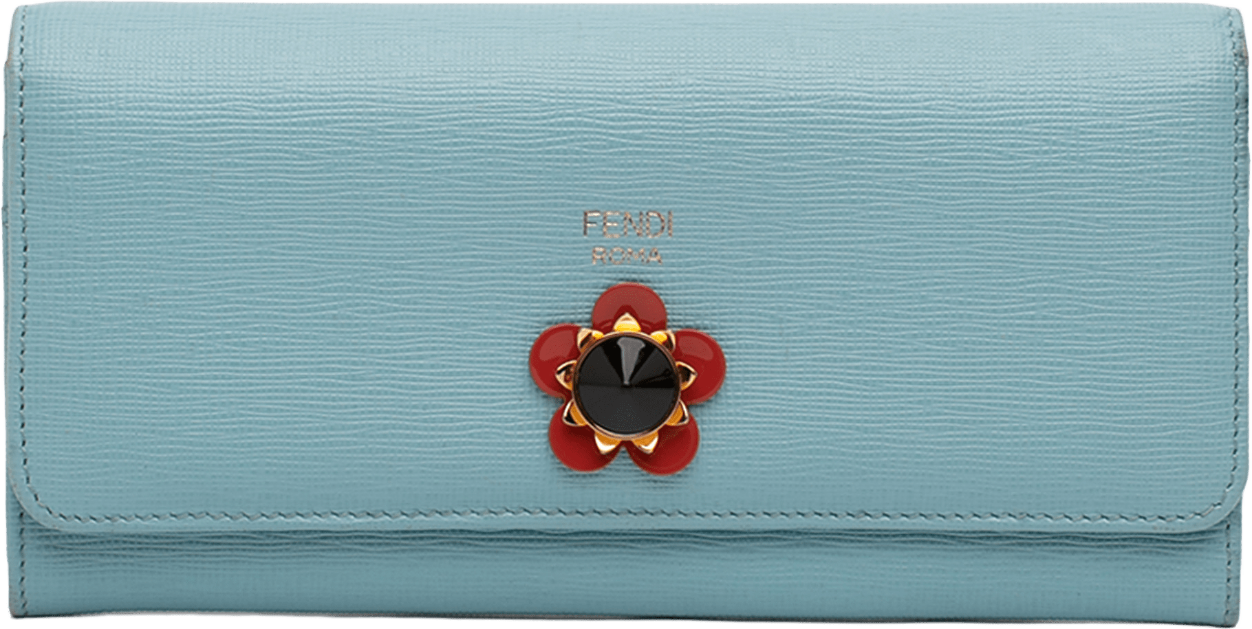 Fendi Leather Flowerland Continental Long Wallet, från Luxclusif, i färgen light blue.