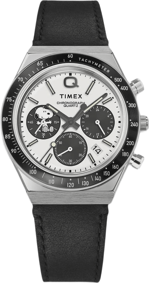 Timex Q Chronograph X Peanuts Snoopy Herr, Silver/svart Läderrem - Tw2w68900, från Timex, i färgen 1.