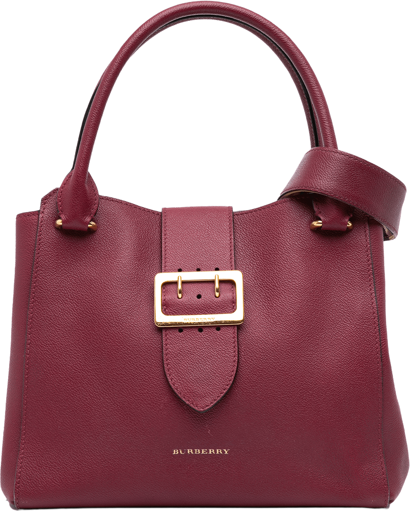 Burberry Medium Grained Calfskin Buckle Tote, från Luxclusif, i färgen burgundy.