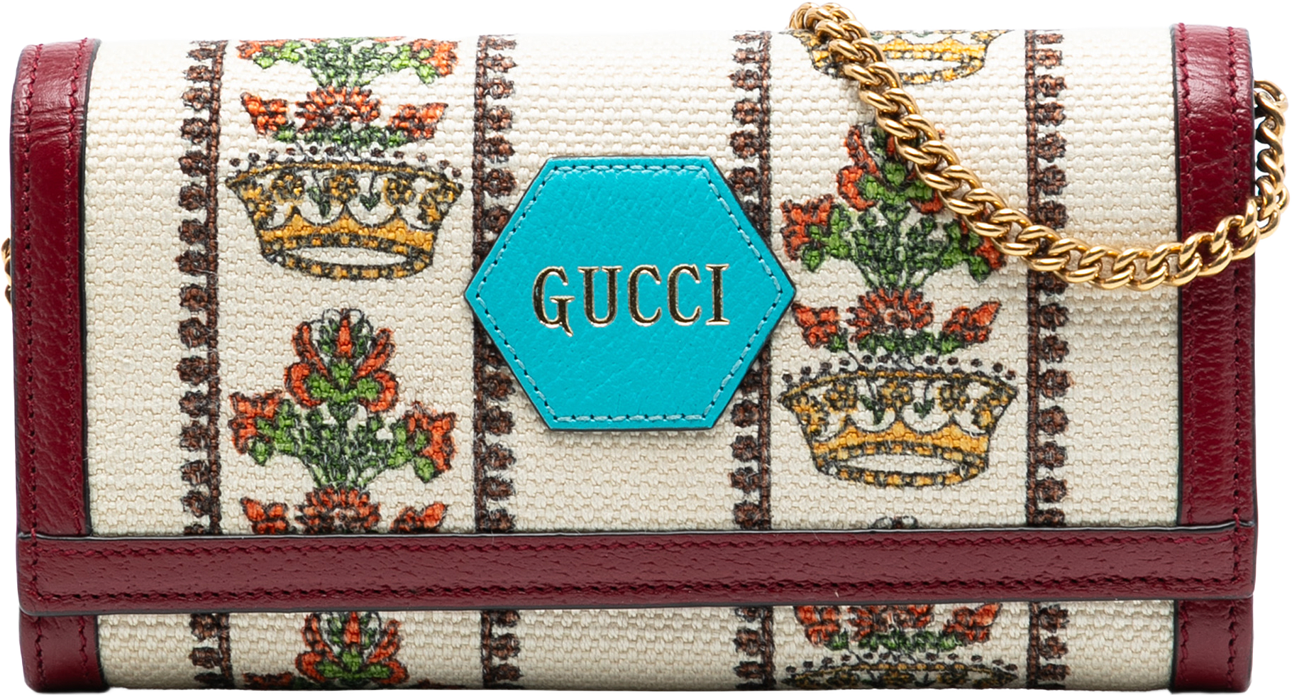 Gucci Canvas 100 Centennial Floral Crown Wallet On Chain, från Luxclusif, i färgen light beige.