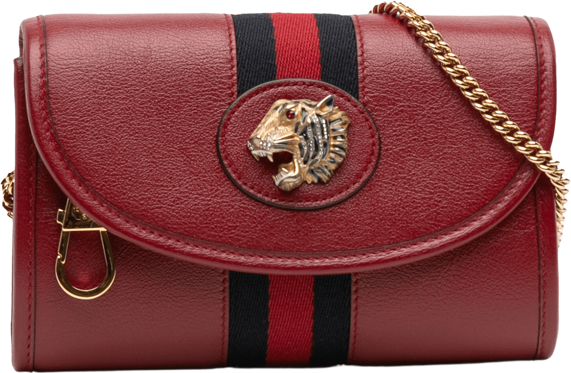 Gucci Mini Leather Rajah Web Chain Crossbody, från Luxclusif, i färgen red.