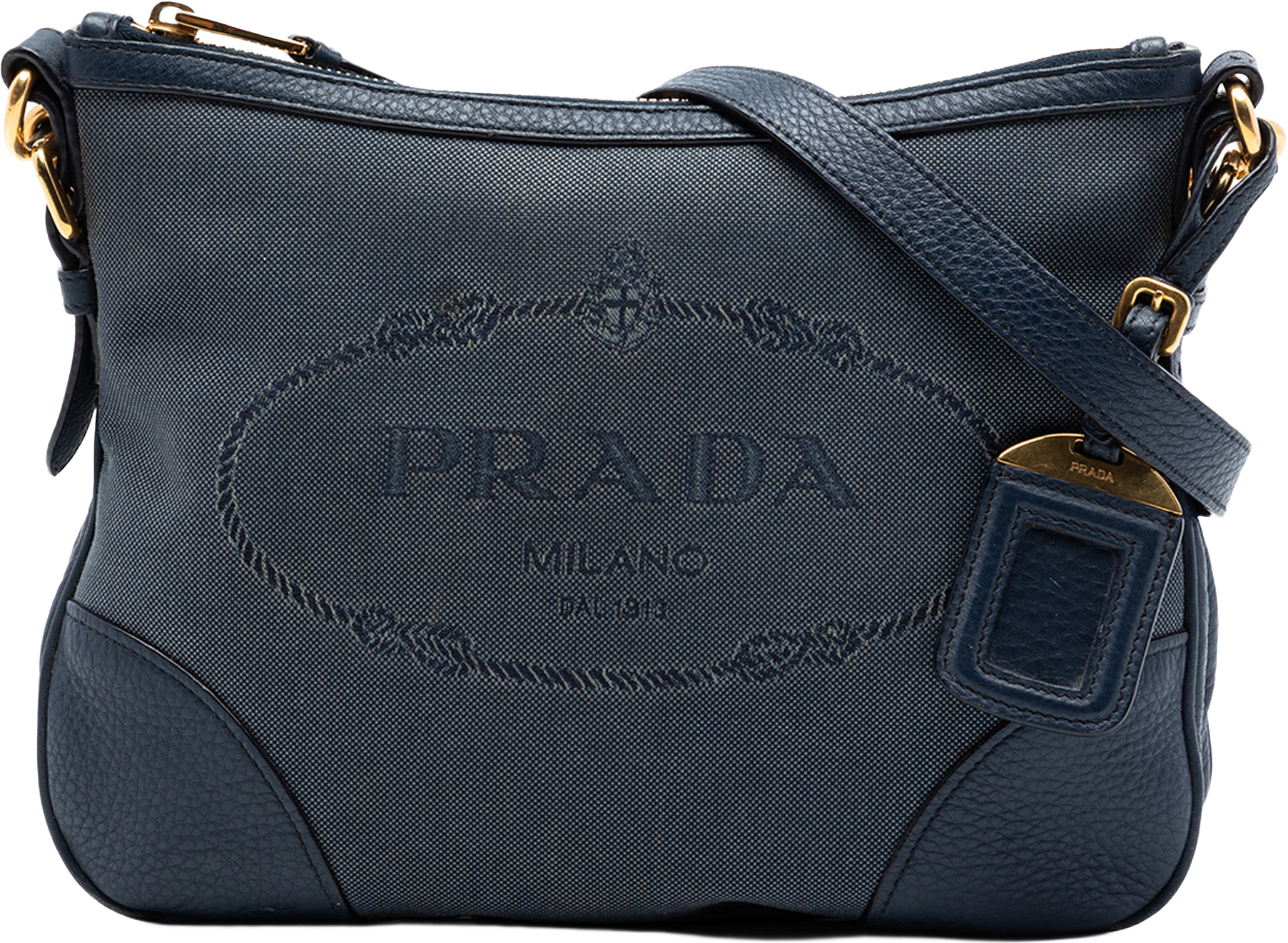 Prada Canvas Canapa Logo Crossbody, från Luxclusif, i färgen dark blue.