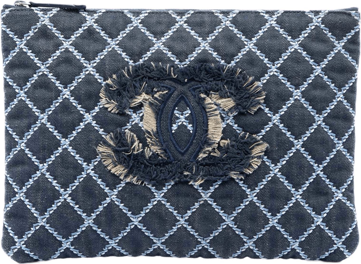 Chanel Medium Quilted Denim Wild Stitch Fringe O Case Clutch, från Luxclusif, i färgen blå.