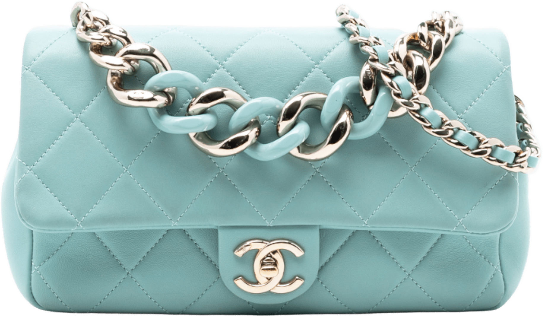 Chanel Small Lambskin Elegant Chain Single Flap, från Luxclusif, i färgen turquoise.