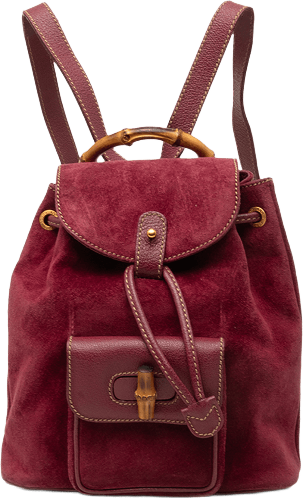 Gucci Mini Suede Bamboo Drawstring Backpack, från Luxclusif, i färgen röd.