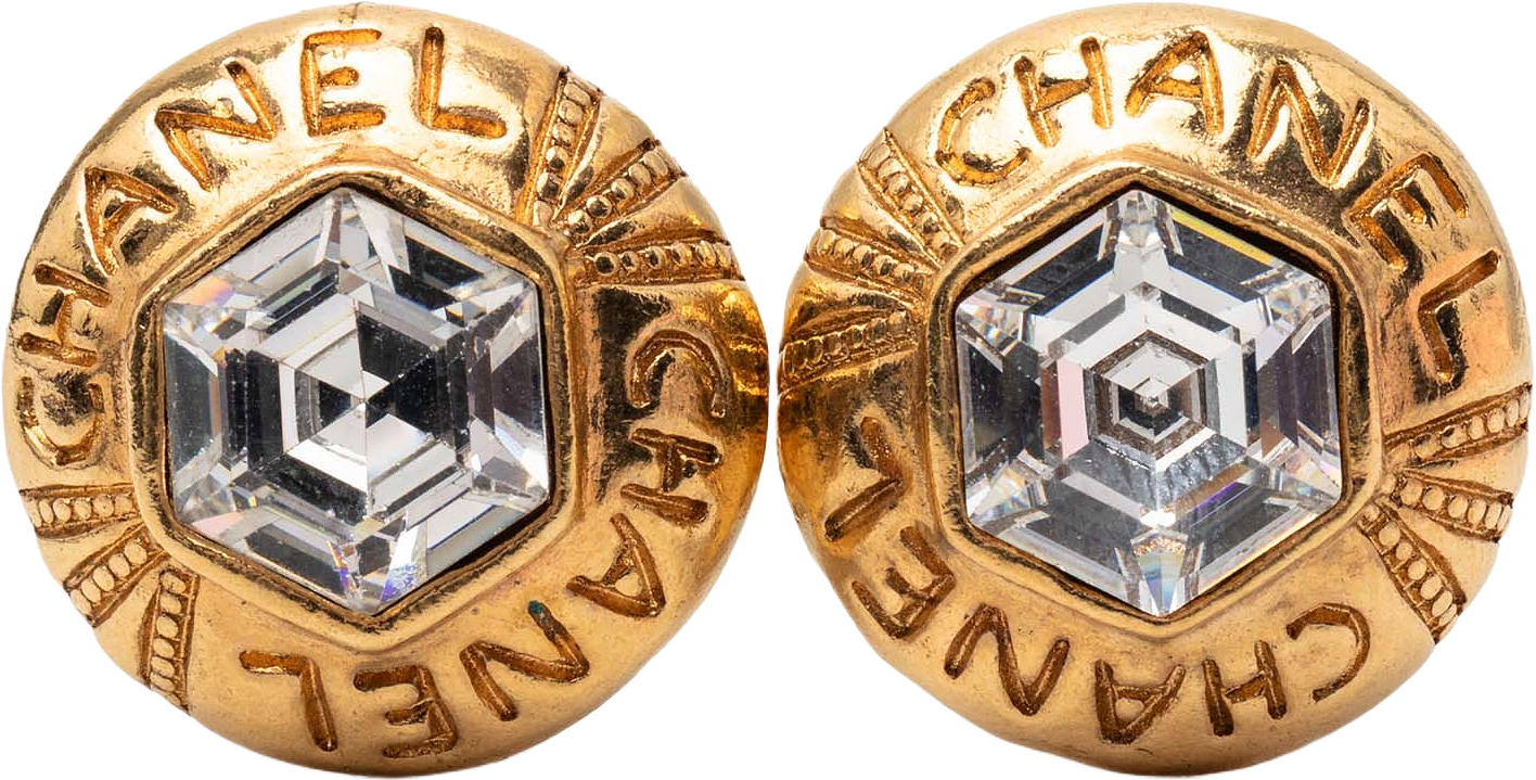 Chanel Gold Plated Crystal Logo Hexagonal Clip On Earrings, från Luxclusif, i färgen gold.
