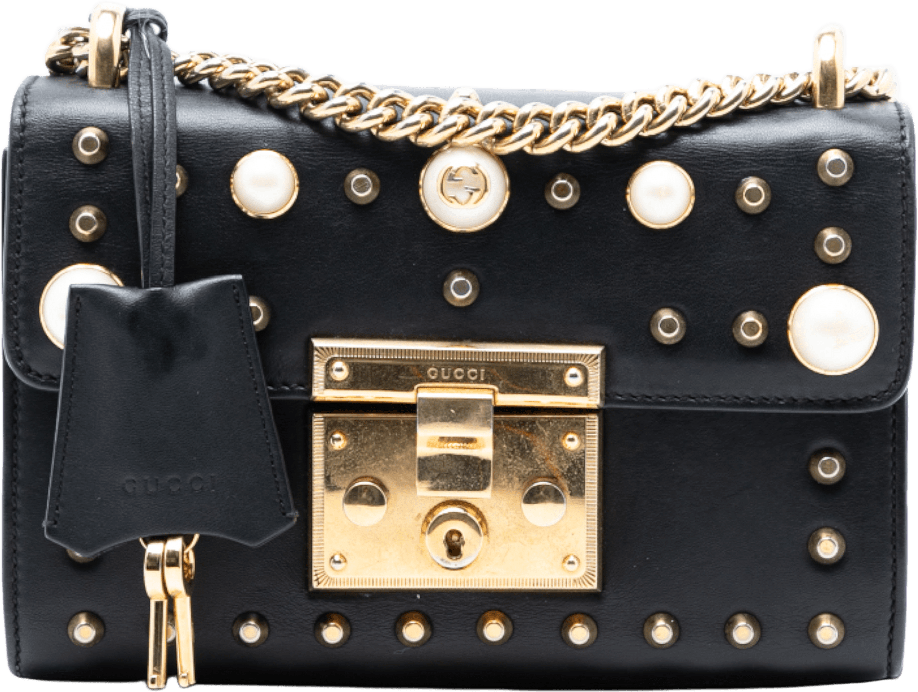 Gucci Small Pearl Studded Leather Padlock Crossbody, från Luxclusif, i färgen black.