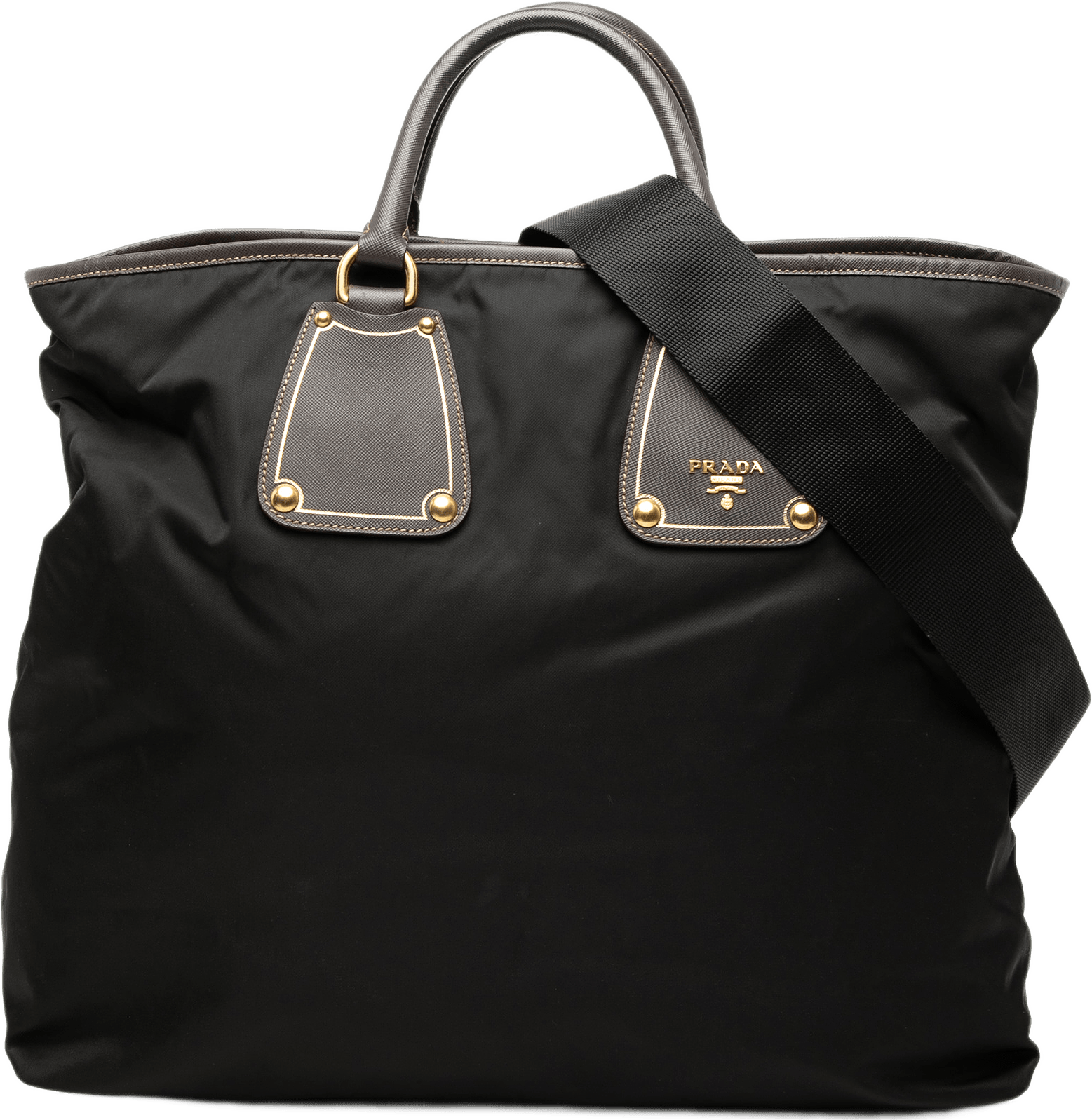 Prada Saffiano Trimmed Tessuto Satchel, från Luxclusif, i färgen black.