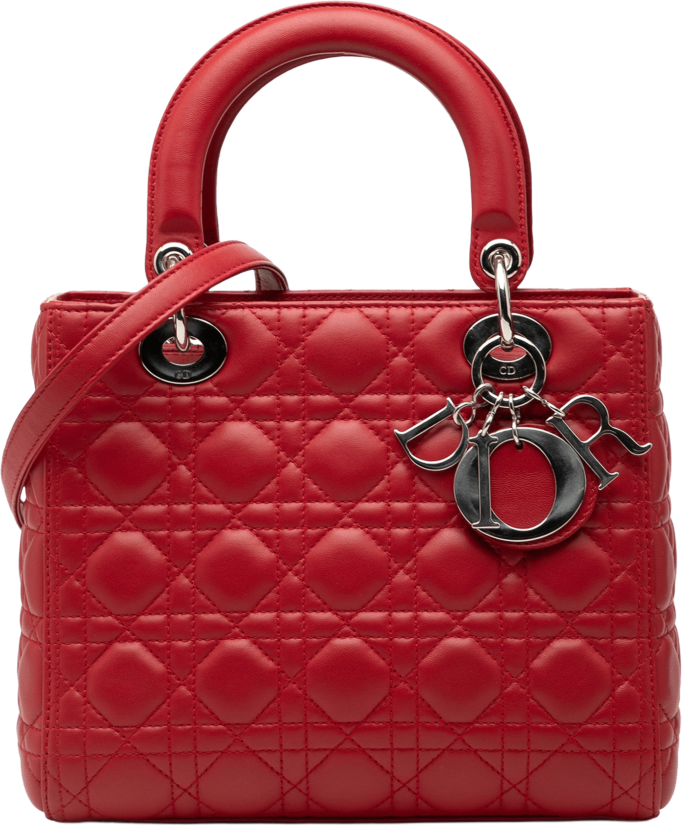 Dior Medium Lambskin Cannage Lady Dior, från Luxclusif, i färgen red.