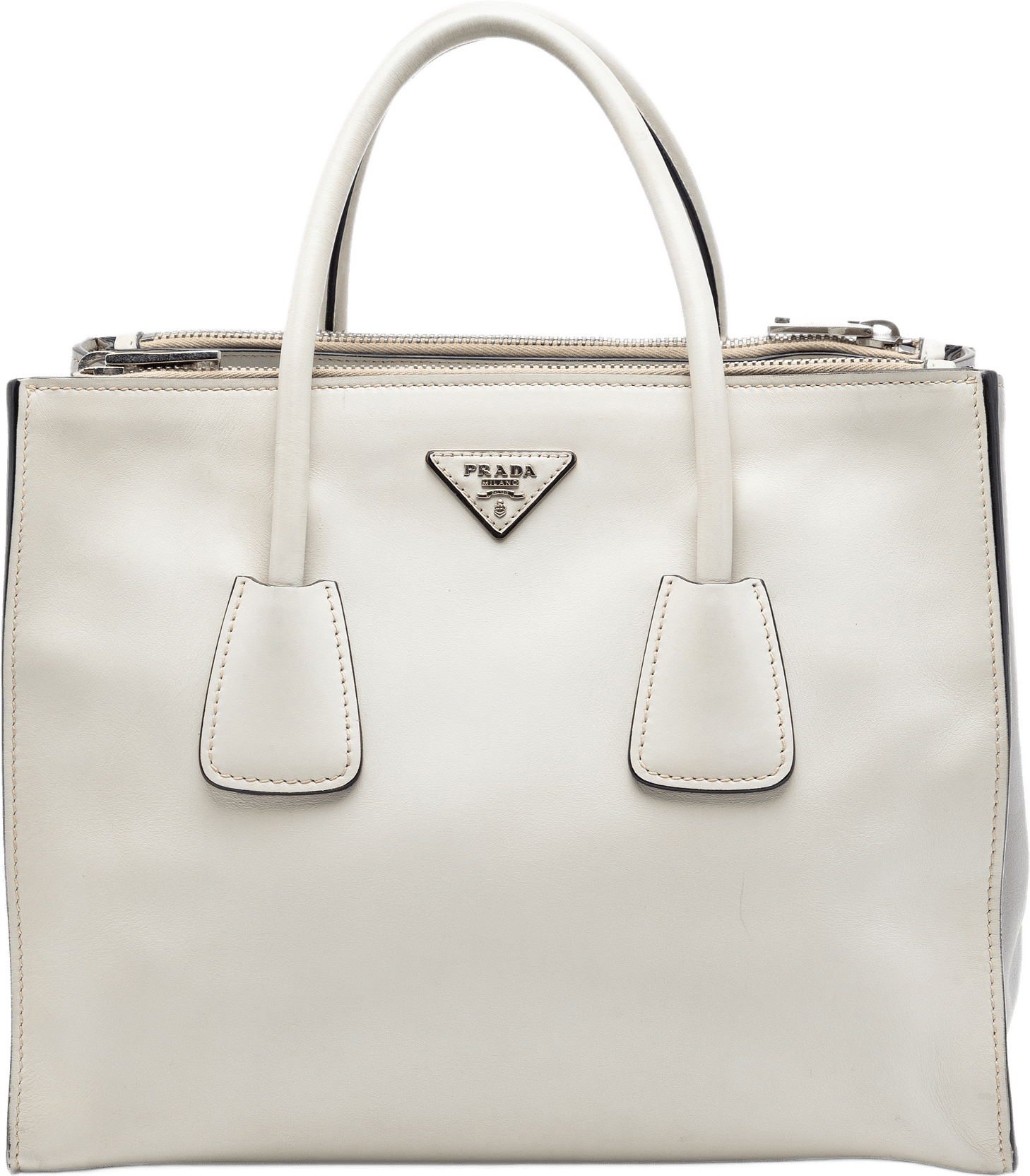 Prada Glace Calf Twin Pocket Double Handle Satchel, från Luxclusif, i färgen white.